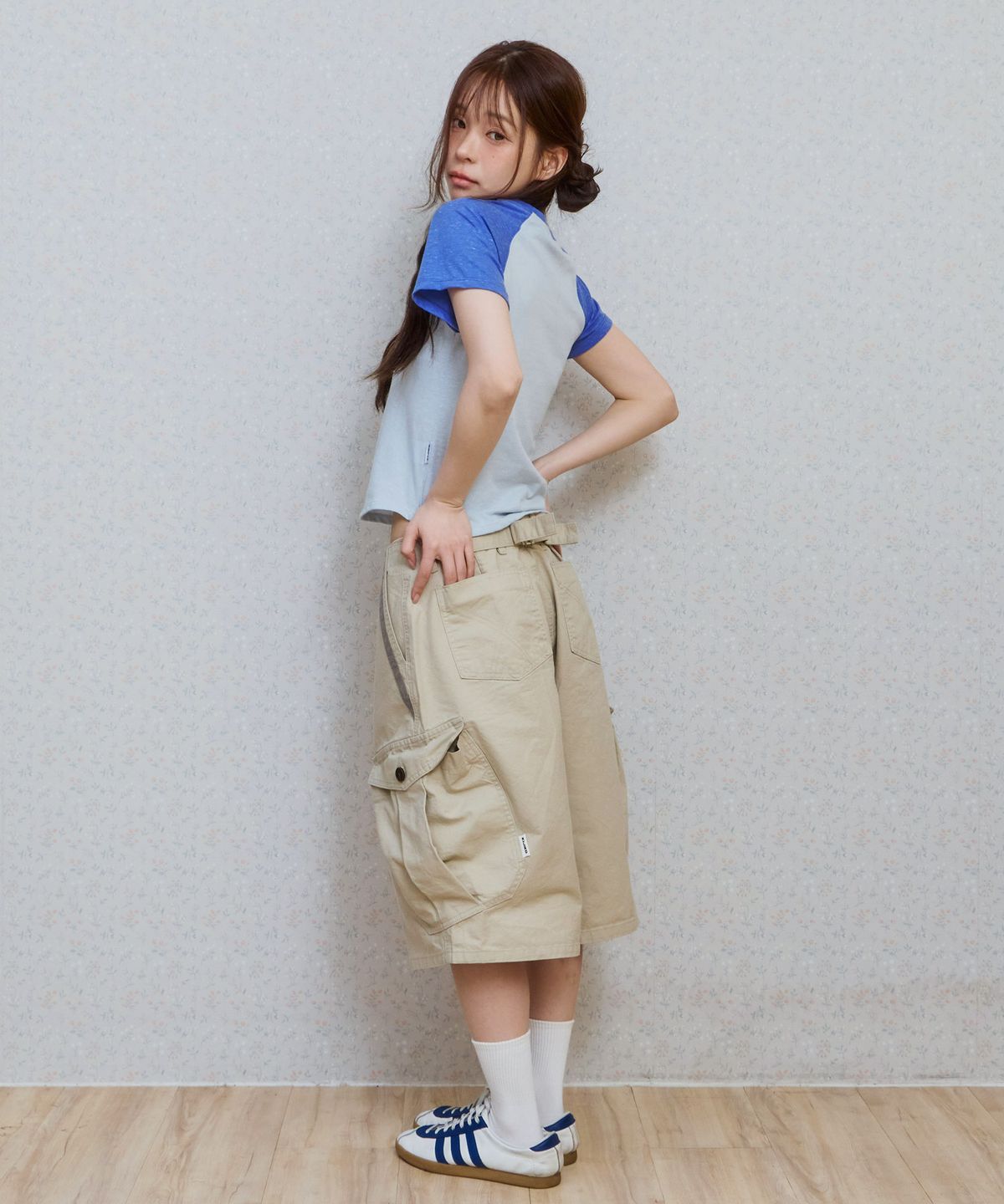 키지코(KIJIKO) ke614. Washed Bermuda Cargo Pants Beige Grey