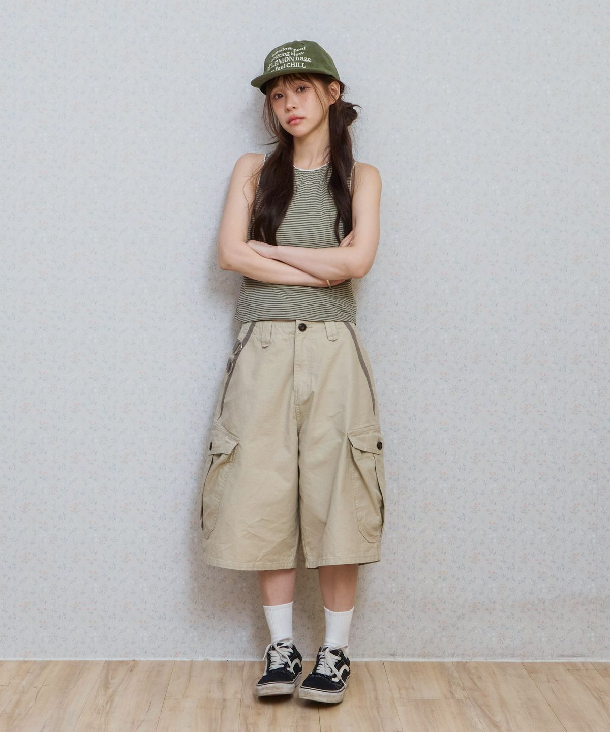키지코(KIJIKO) ke614. Washed Bermuda Cargo Pants Beige Grey