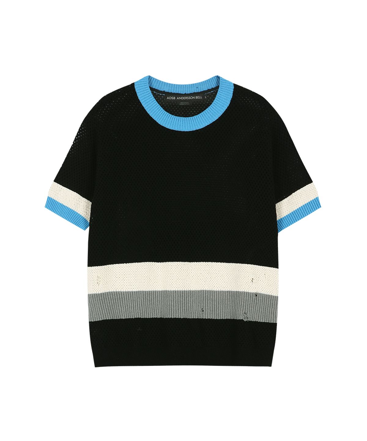 앤더슨벨(ADSB ANDERSSON BELL) COLOR-BLOCKED SHORT SLEEVE CREW-NECK SWEATER atb1541m(BLACK/BLUE)