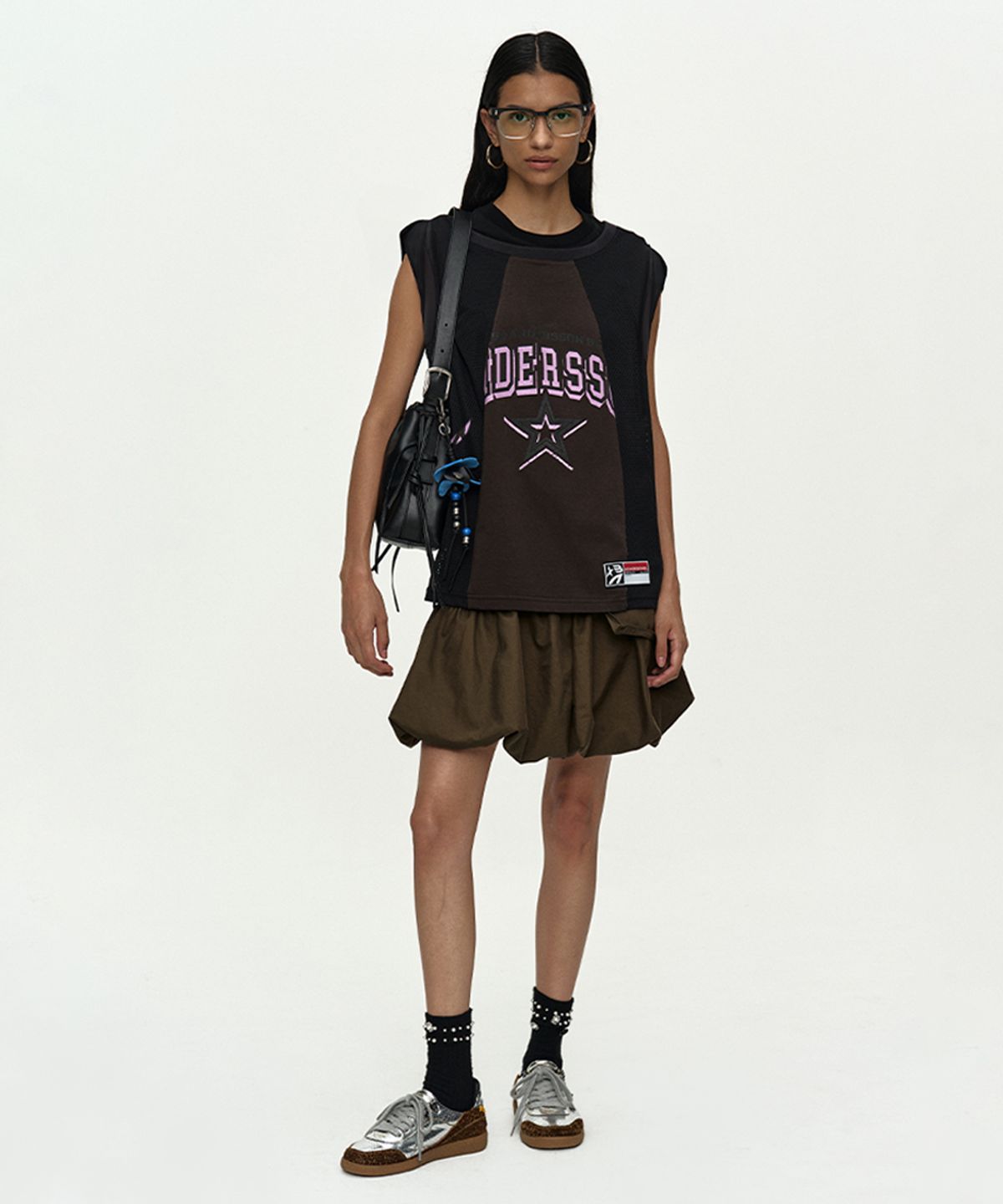 앤더슨벨(ADSB ANDERSSON BELL) BASKETBALL JERSEY LAYERED ROLL UP T-SHIRT atb1449w(BLACK/BROWN)