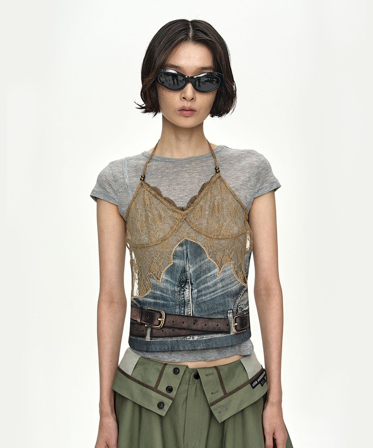 앤더슨벨(ADSB ANDERSSON BELL) BELTED DENIM PRINTED LACE BUSTIER atb1563w(MID BLUE/KHAKI)