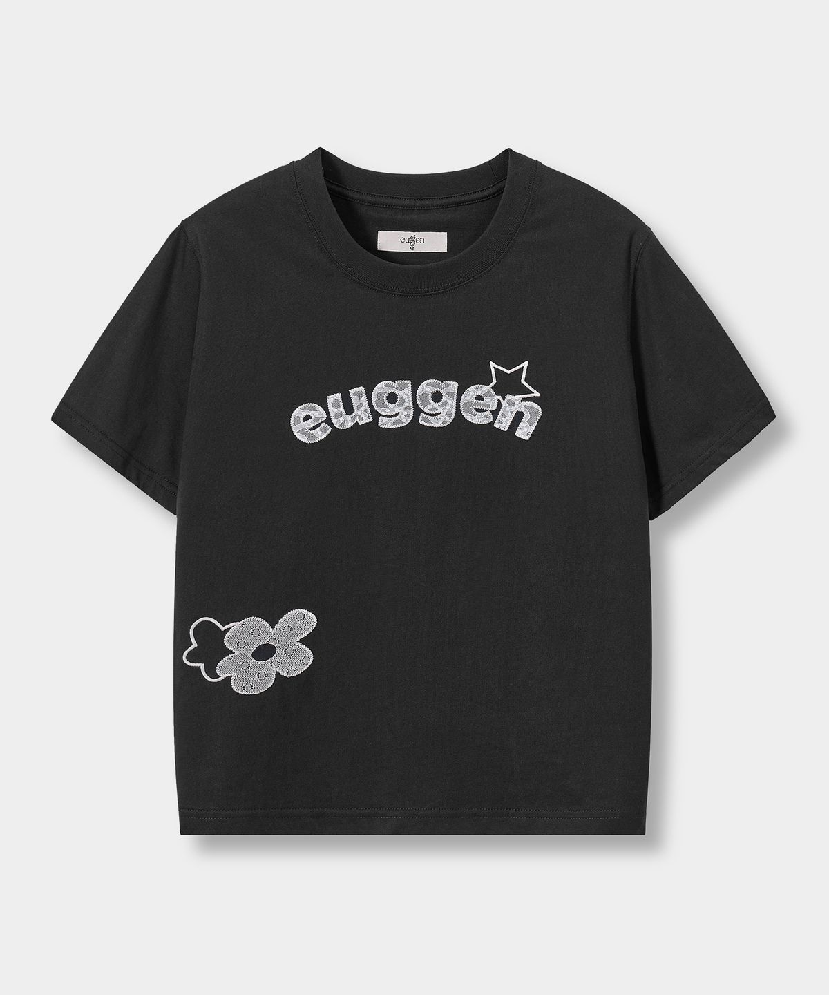 유젠(EUGGEN) 레이스 믹스 아플리케 반팔 티셔츠_블랙