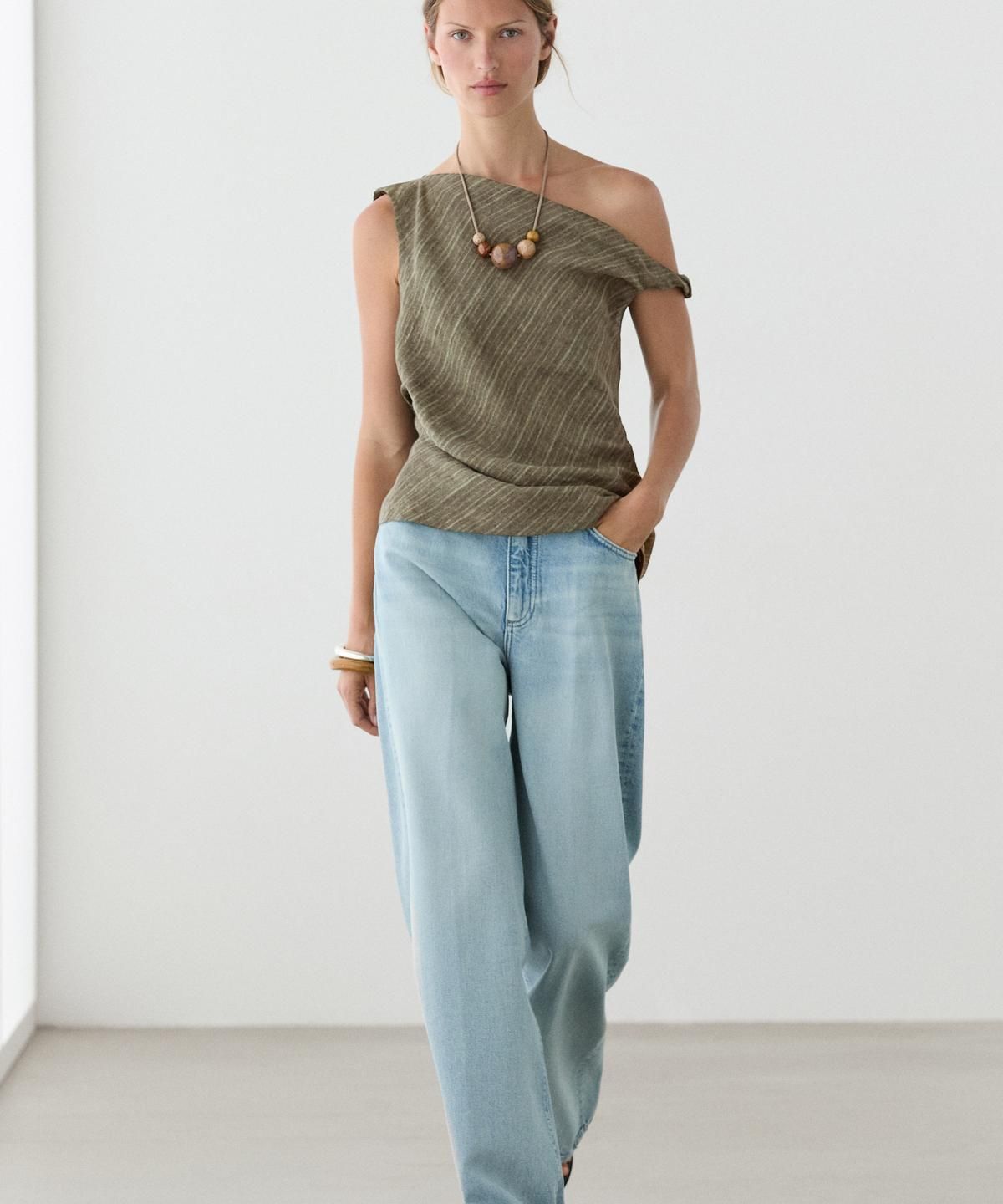 마시모두띠(MASSIMO DUTTI) 100% 린넨 비대칭 토탈 룩 탑
