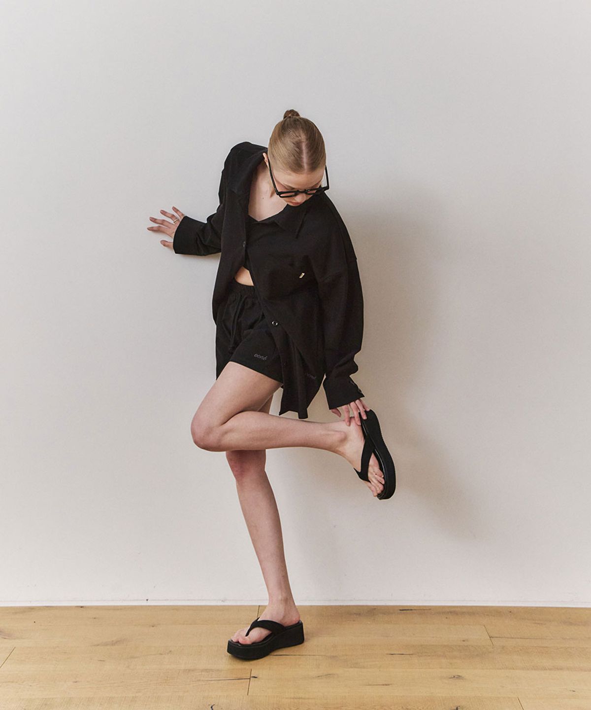 우네(OONE) [Set-Up] Everyday Cotton Pocket Shirt & Logo Shorts_Black