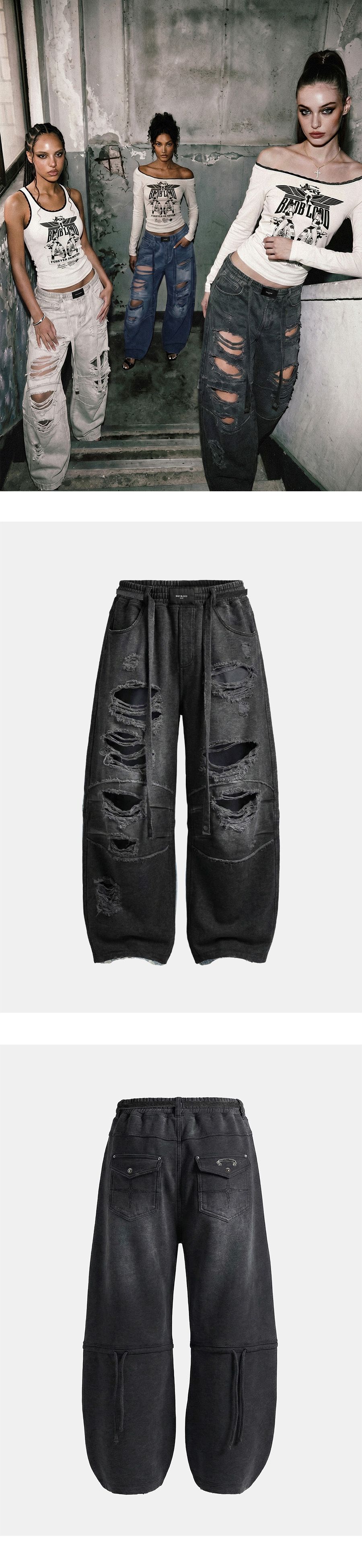 MUSINSA | BADBLOOD Destroyed Raw-Edge Joggers - Denim Black