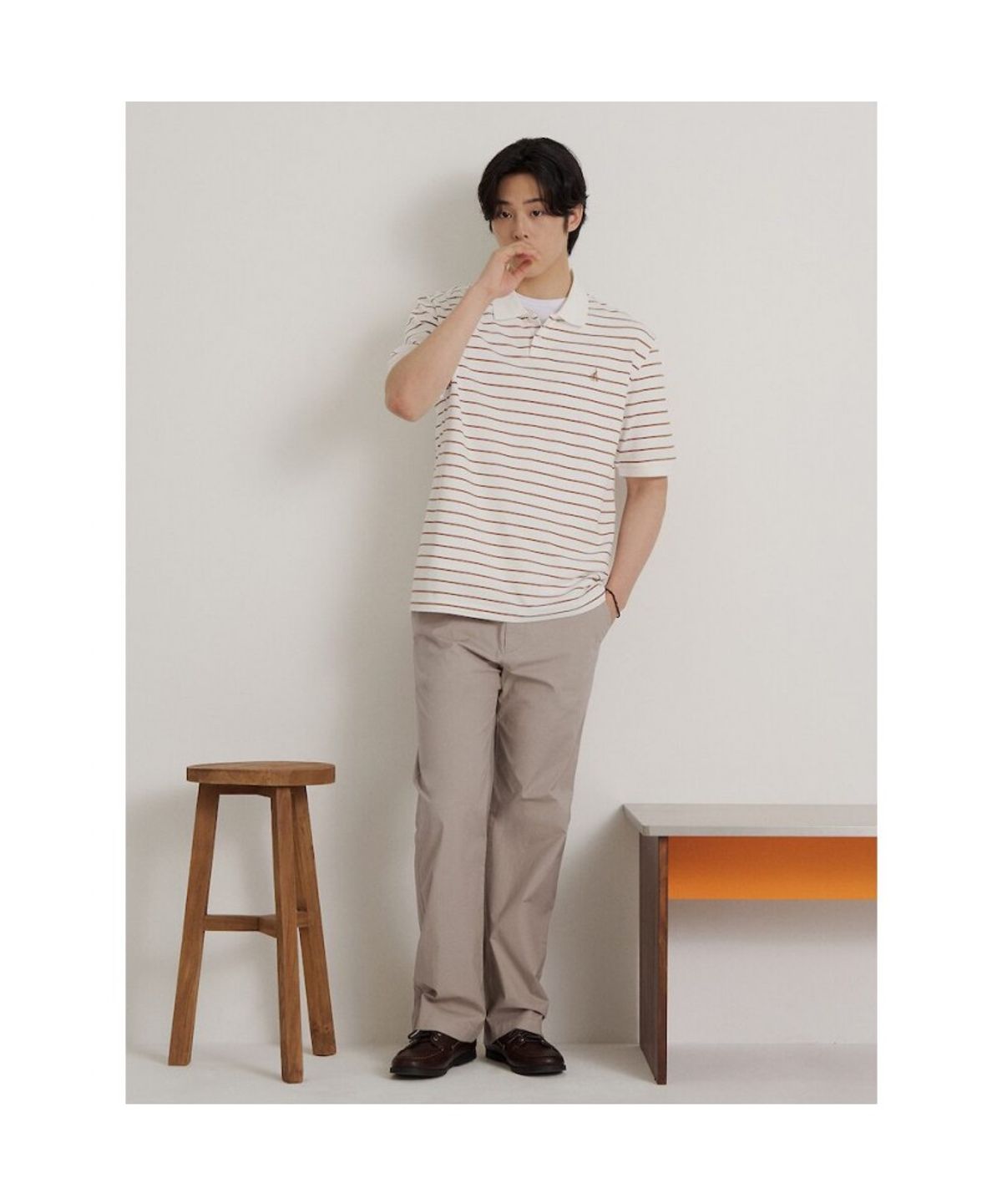 빈폴 멘(BEANPOLE MEN) 1도 스트라이프 클래식 칼라넥 티셔츠  옐로이시 브라운