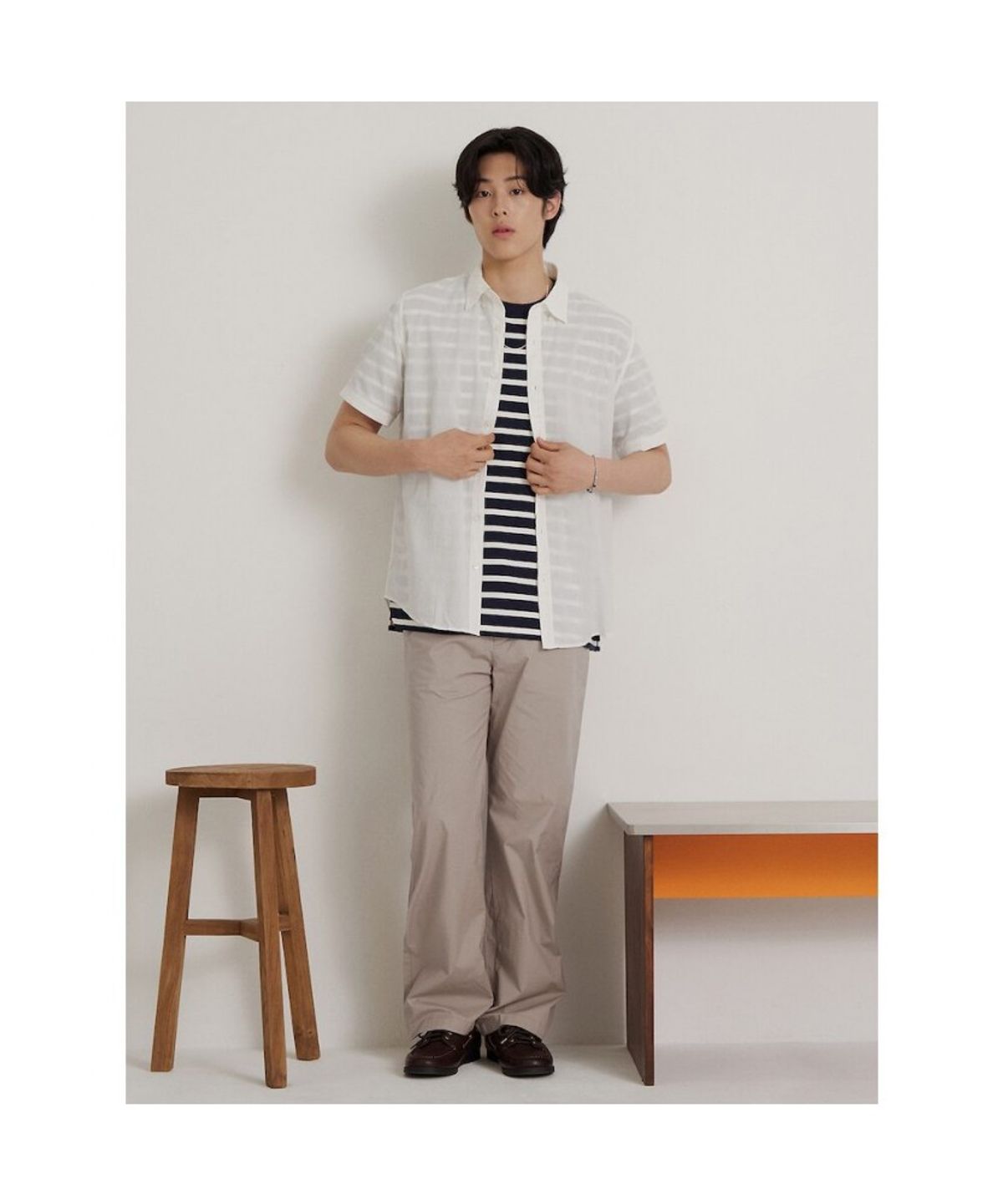 빈폴 멘(BEANPOLE MEN) 시어서커 솔리드 반소매 셔츠  화이트
