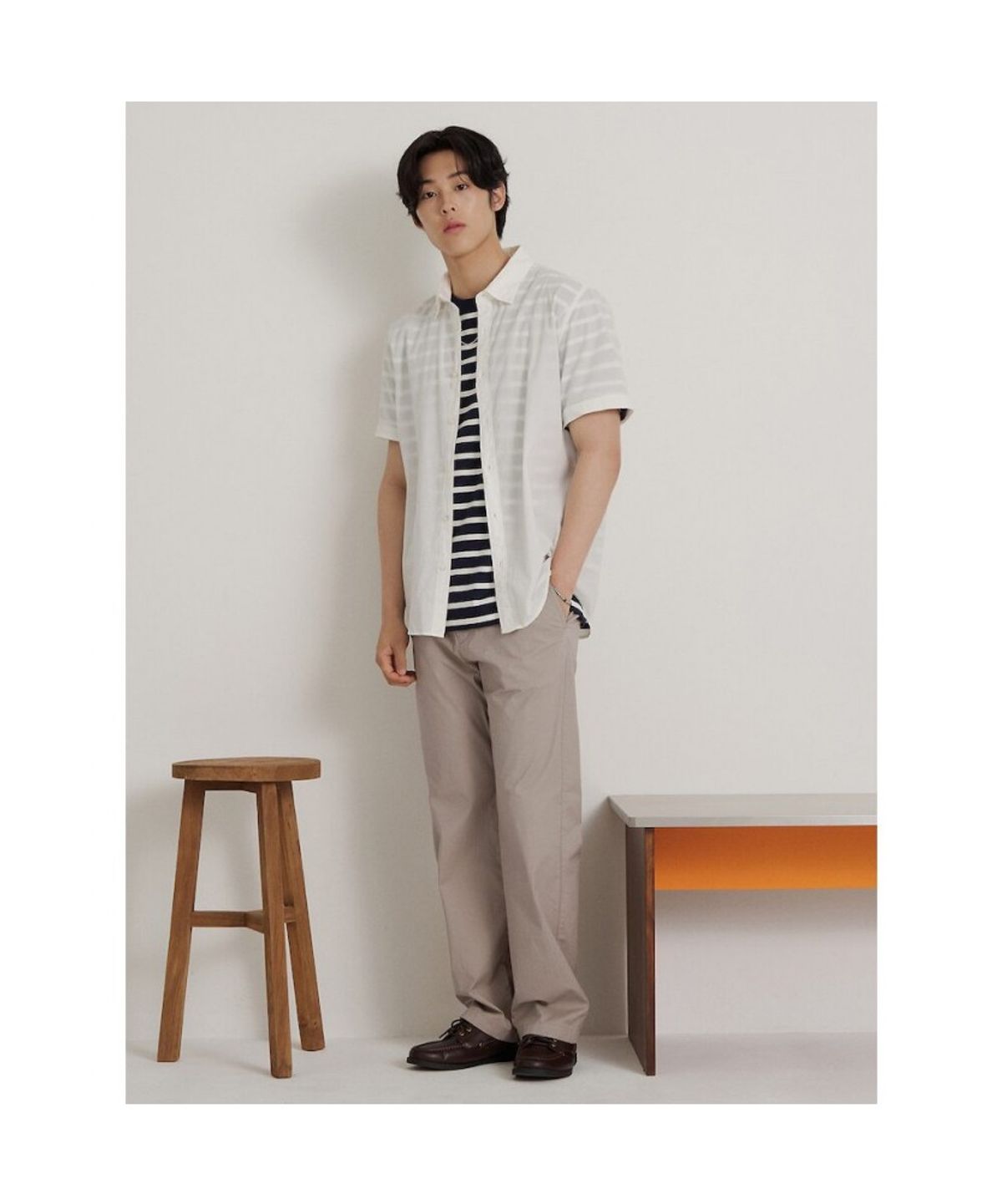 빈폴 멘(BEANPOLE MEN) 시어서커 솔리드 반소매 셔츠  화이트
