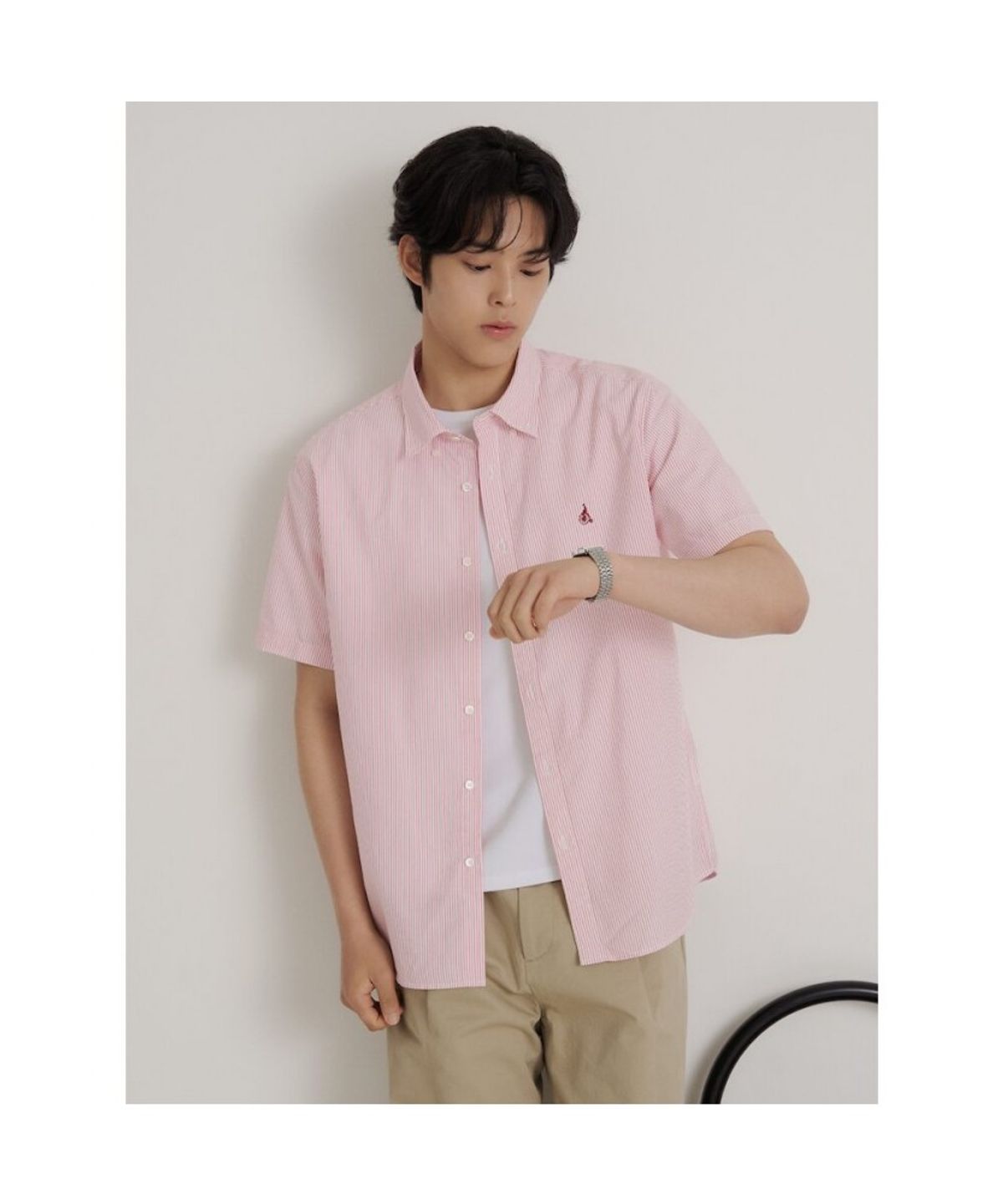 빈폴 멘(BEANPOLE MEN) 시어서커 스트라이프 반소매 셔츠  레드