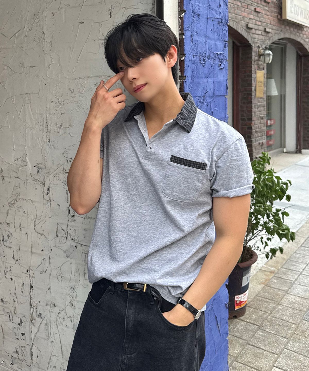 인템포무드(INTEMPOMOOD) 노블 체크 칼라 티셔츠 : 2컬러
