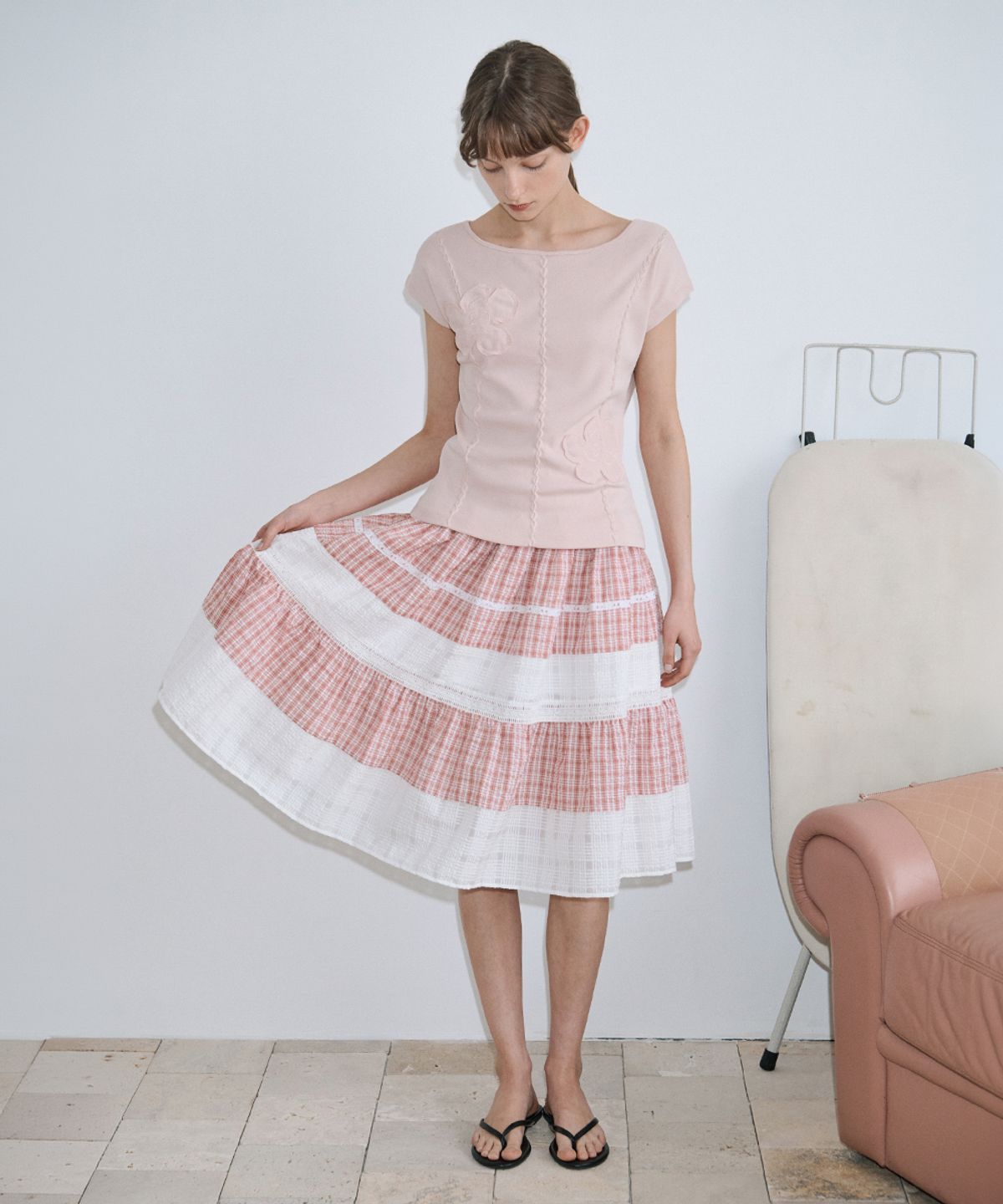시눈(SINOON) Smocking Color Block Flare Skirt (Red)
