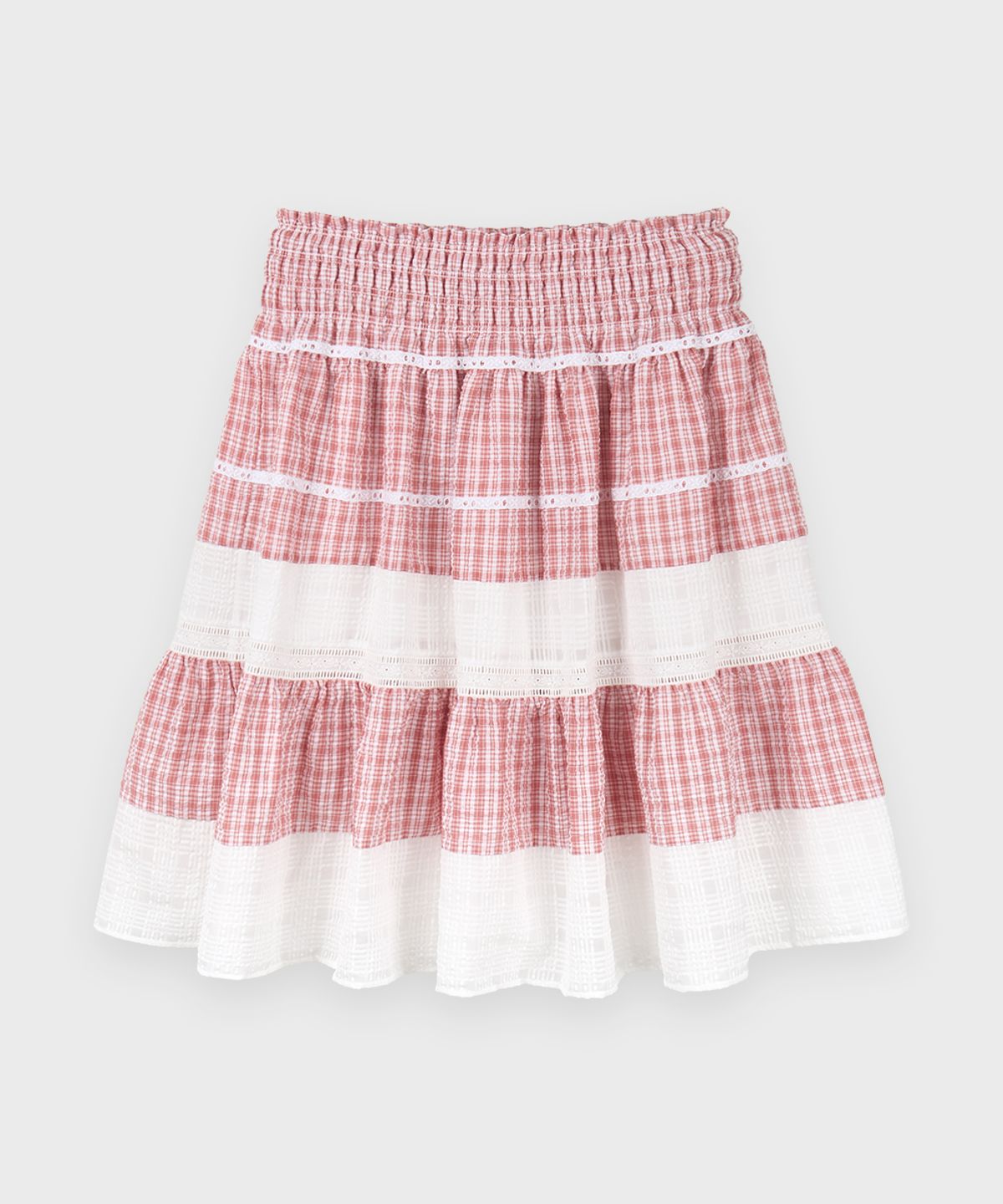 시눈(SINOON) Smocking Color Block Flare Skirt (Red)