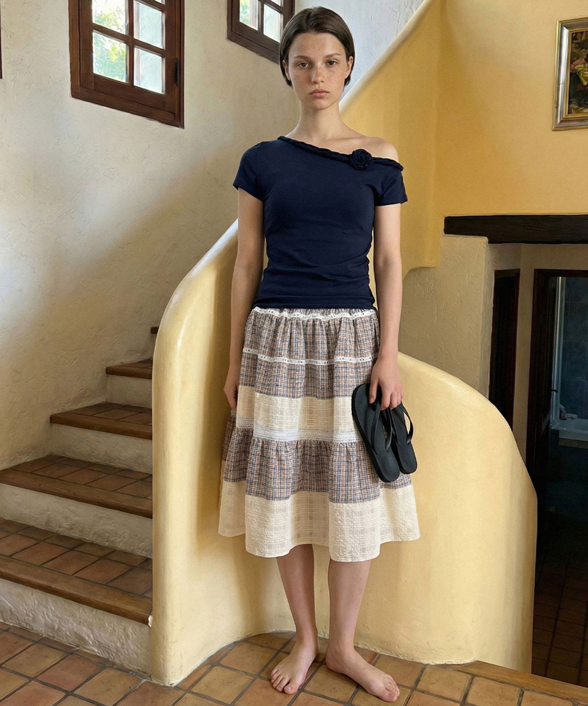 시눈(SINOON) Smocking Color Block Flare Skirt (Beige)