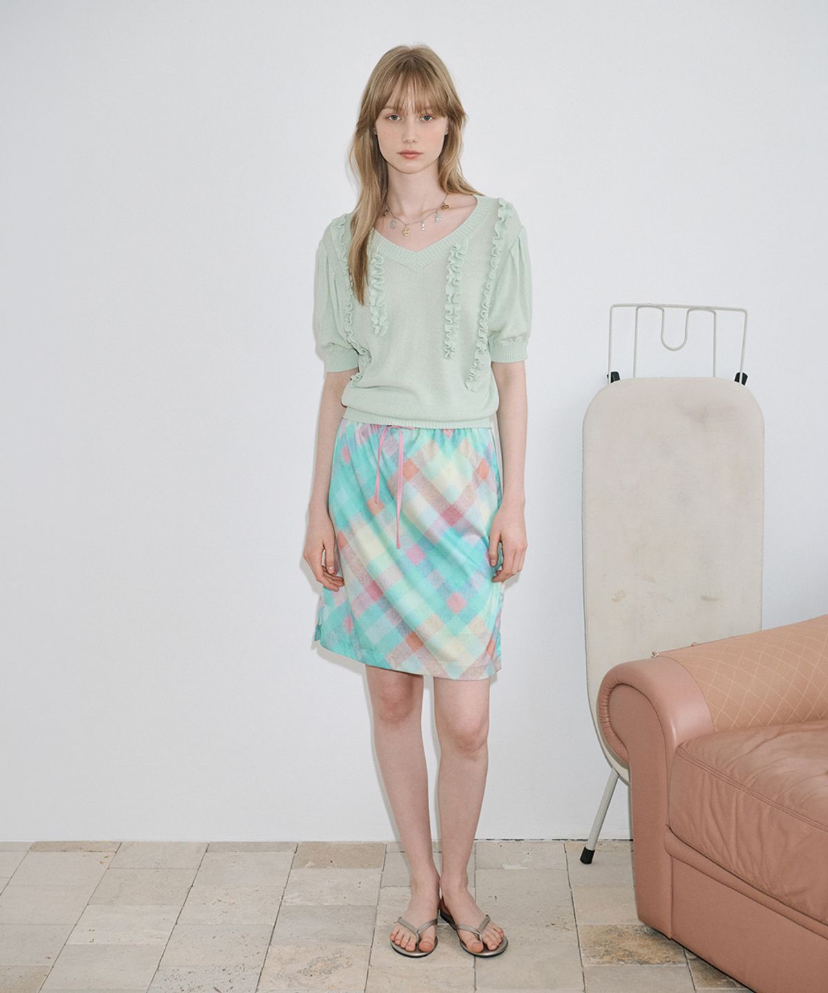 시눈(SINOON) Check Printed Midi Skirt (Mint)
