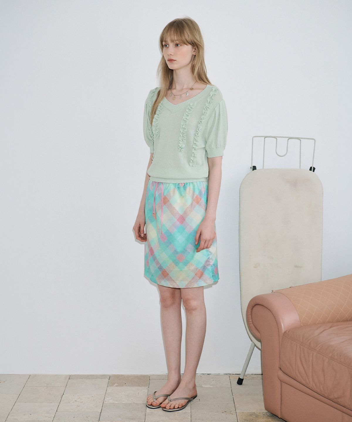 시눈(SINOON) Check Printed Midi Skirt (Mint)