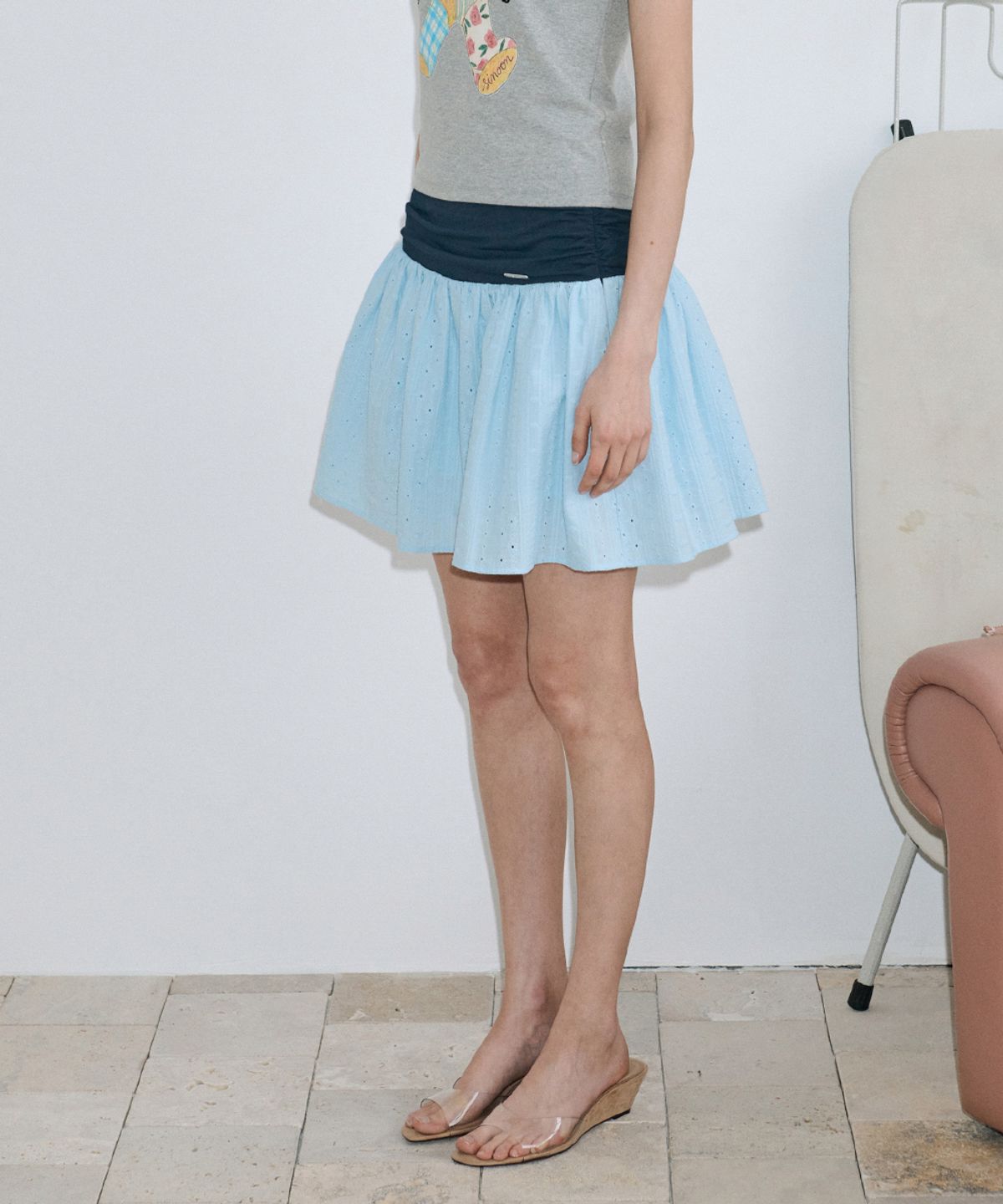 시눈(SINOON) Eyelet Mix Flare Skirt (Blue)