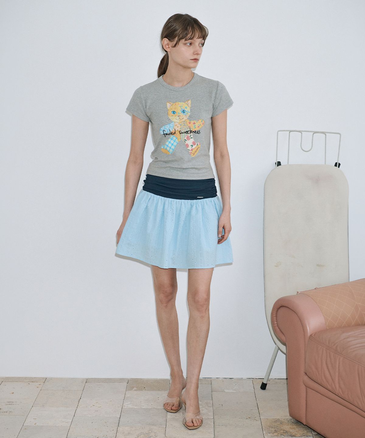 시눈(SINOON) Eyelet Mix Flare Skirt (Blue)