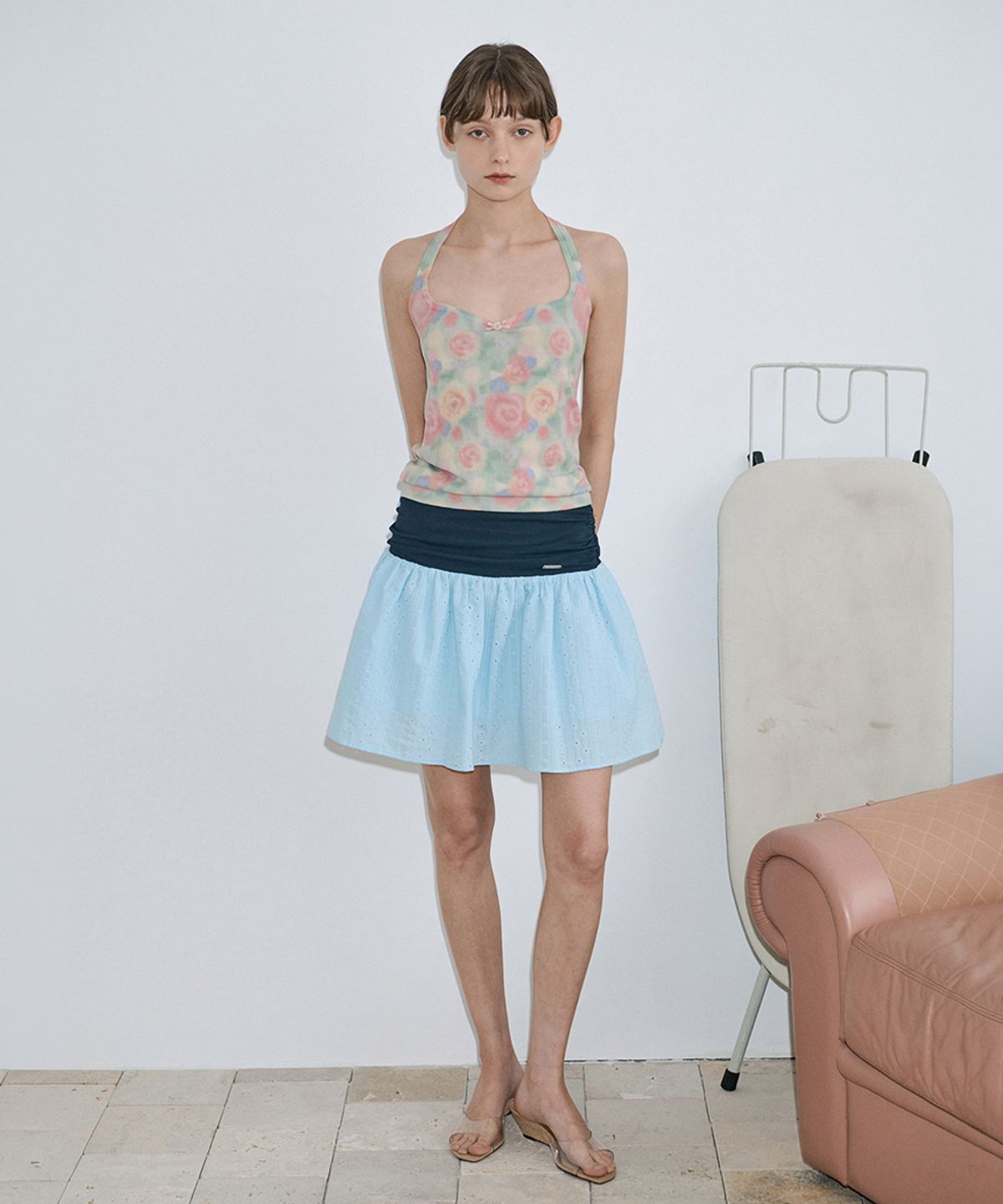 시눈(SINOON) Eyelet Mix Flare Skirt (Blue)