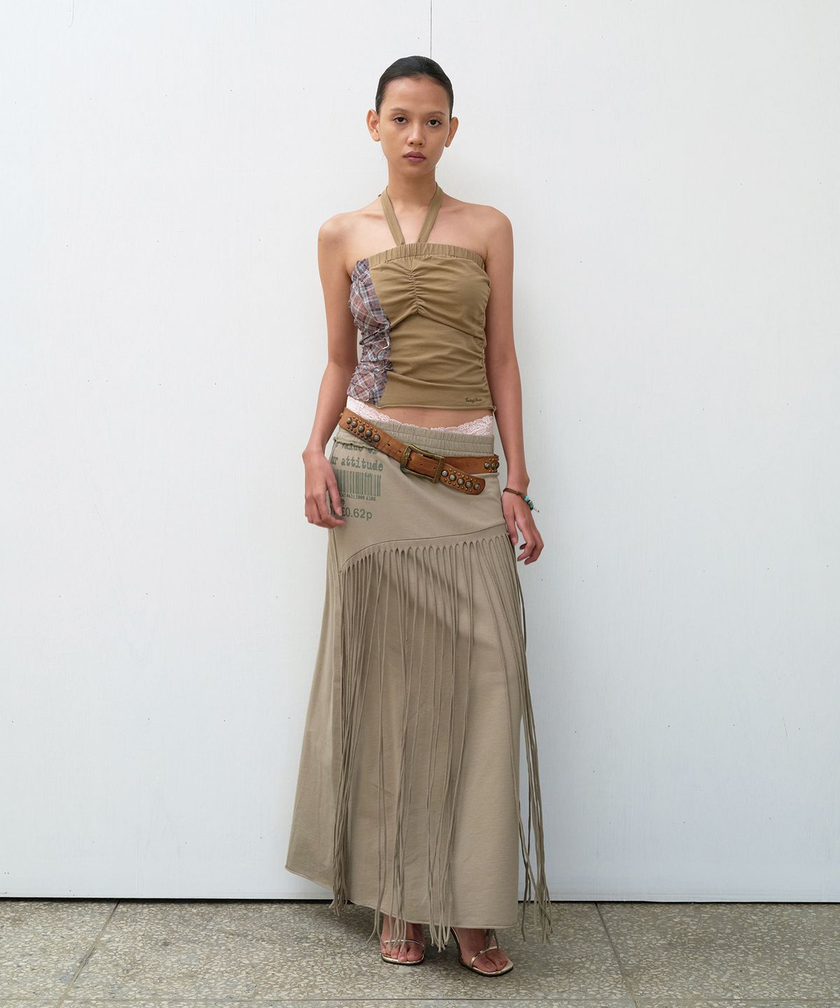 더바이닐하우스(THEVINYLHOUSE) TRIMMED JERSEY SKIRT (W) OLIVE