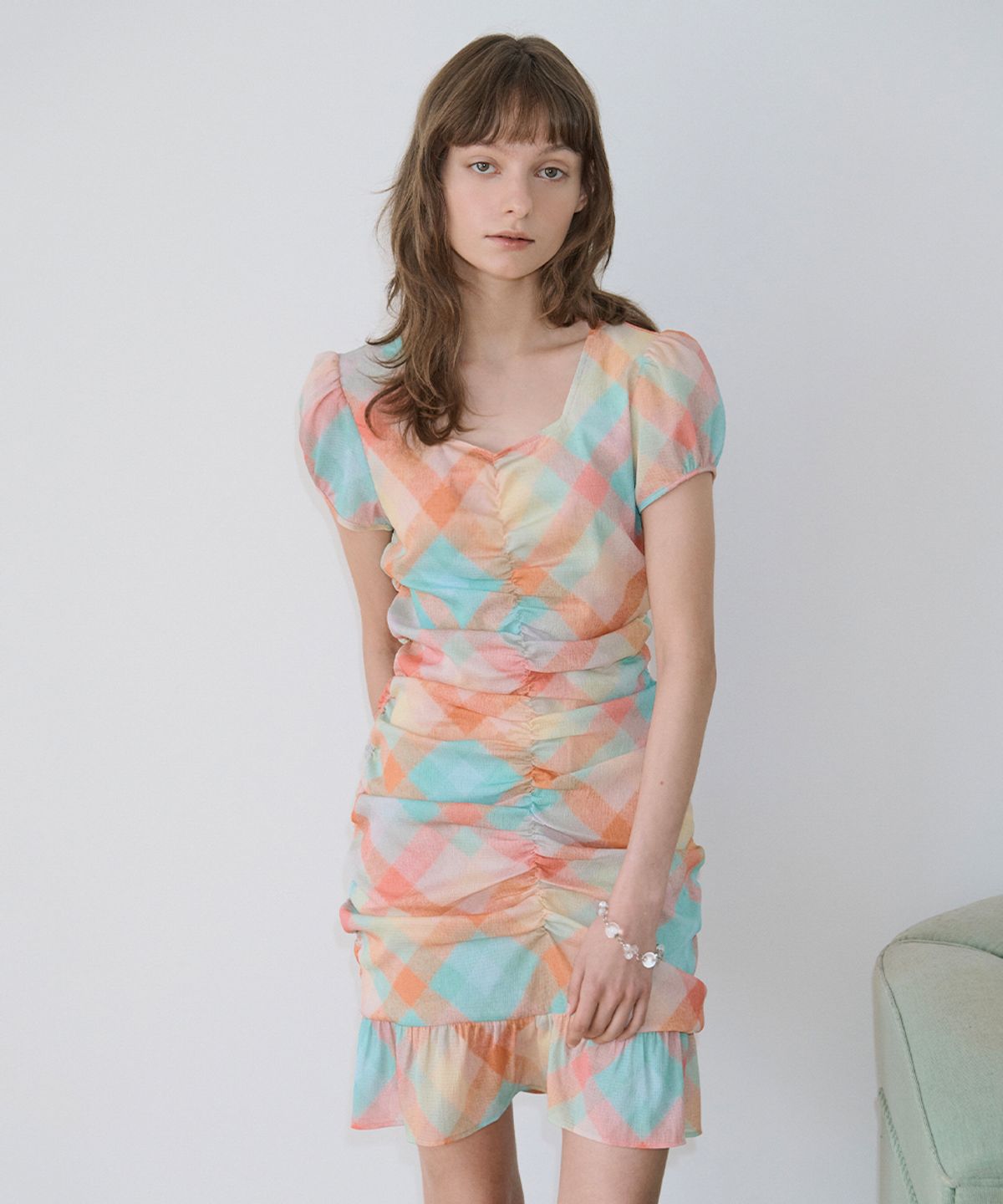 시눈(SINOON) Check Printed Shirring One-Piece (Orange)