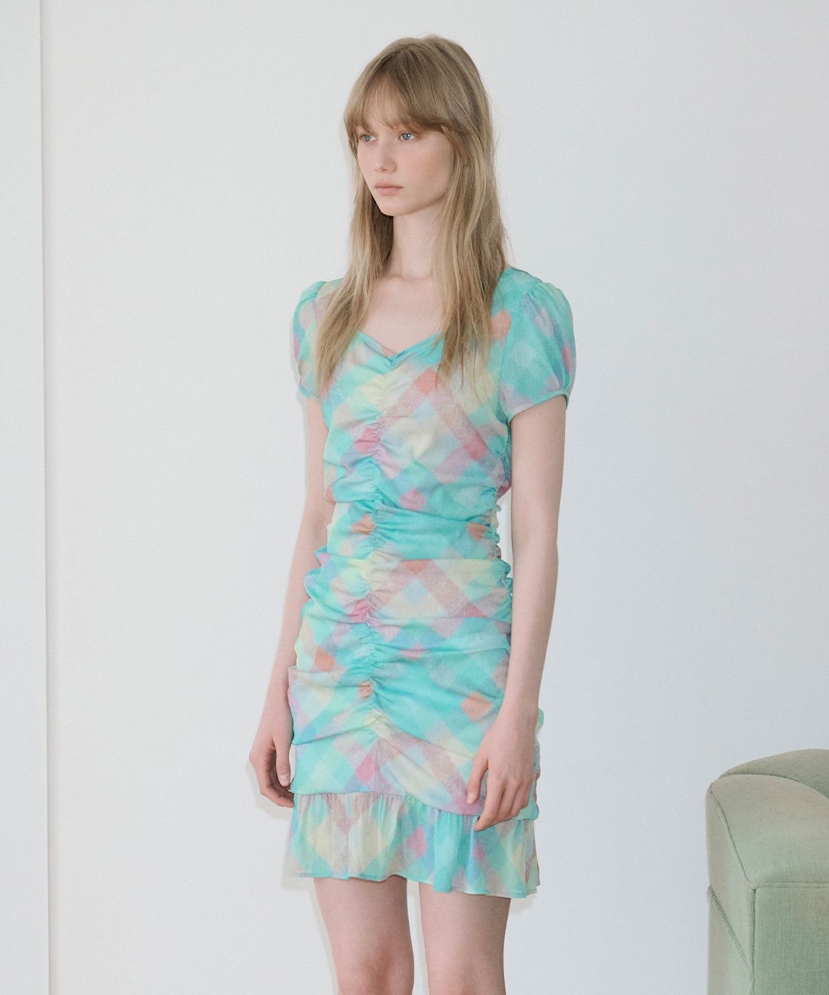 시눈(SINOON) Check Printed Shirring One-Piece (Mint)