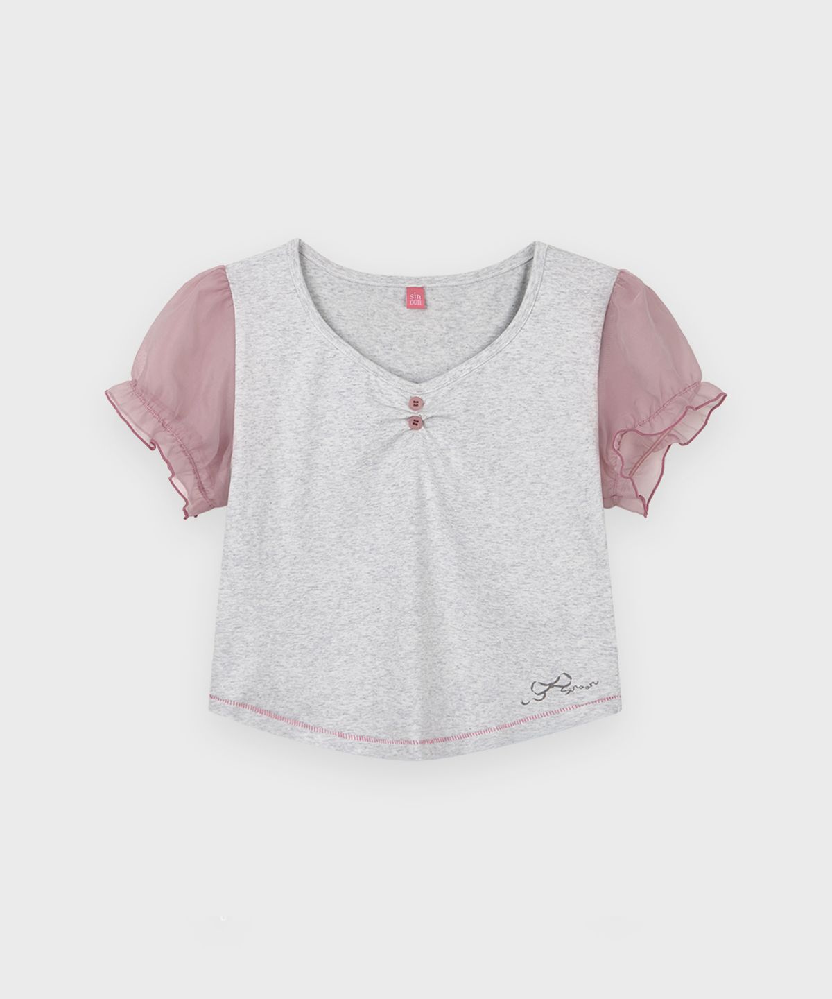 시눈(SINOON) Ribbon Shirring Puff T-Shirt (Melange Grey)