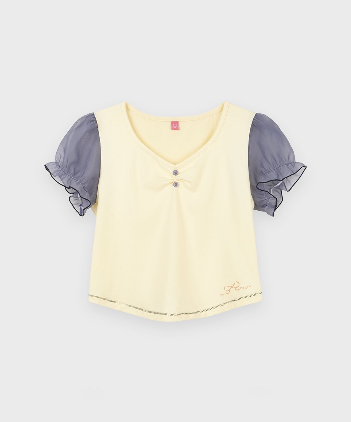 시눈(SINOON) Ribbon Shirring Puff T-Shirt (Cream)