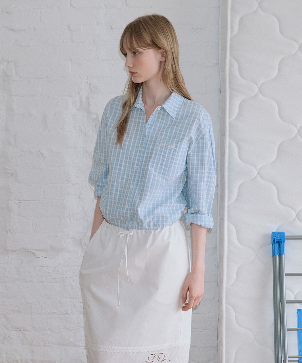 시눈(SINOON) 2-Way Drawstring Crop Shirt (Blue)