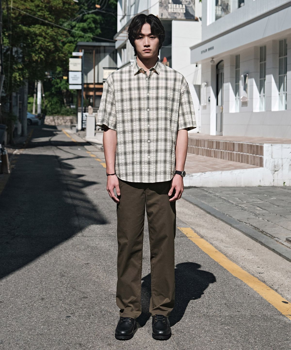 에스티코(STCO) VIBE SHIFT 시어서커 체크 반팔 셔츠_화이트 (오버핏)_LDSXB64OCW