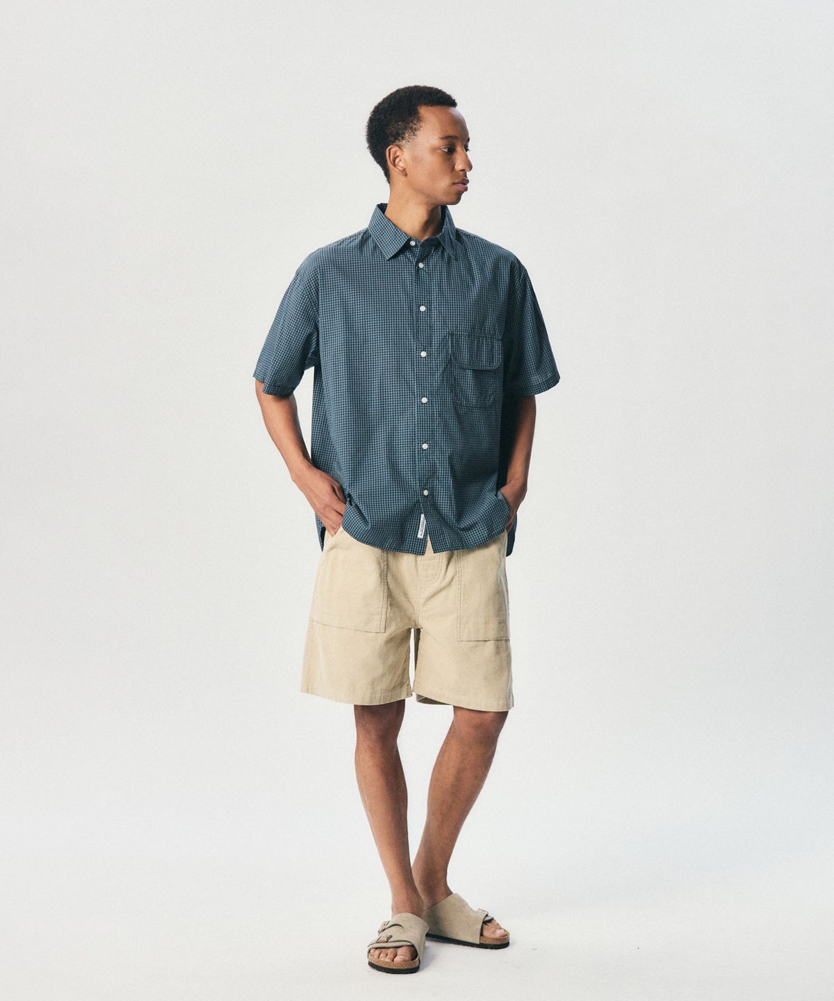 에스피오나지(ESPIONAGE) Multi Check Flap Pocket S/S Shirt Teal Navy