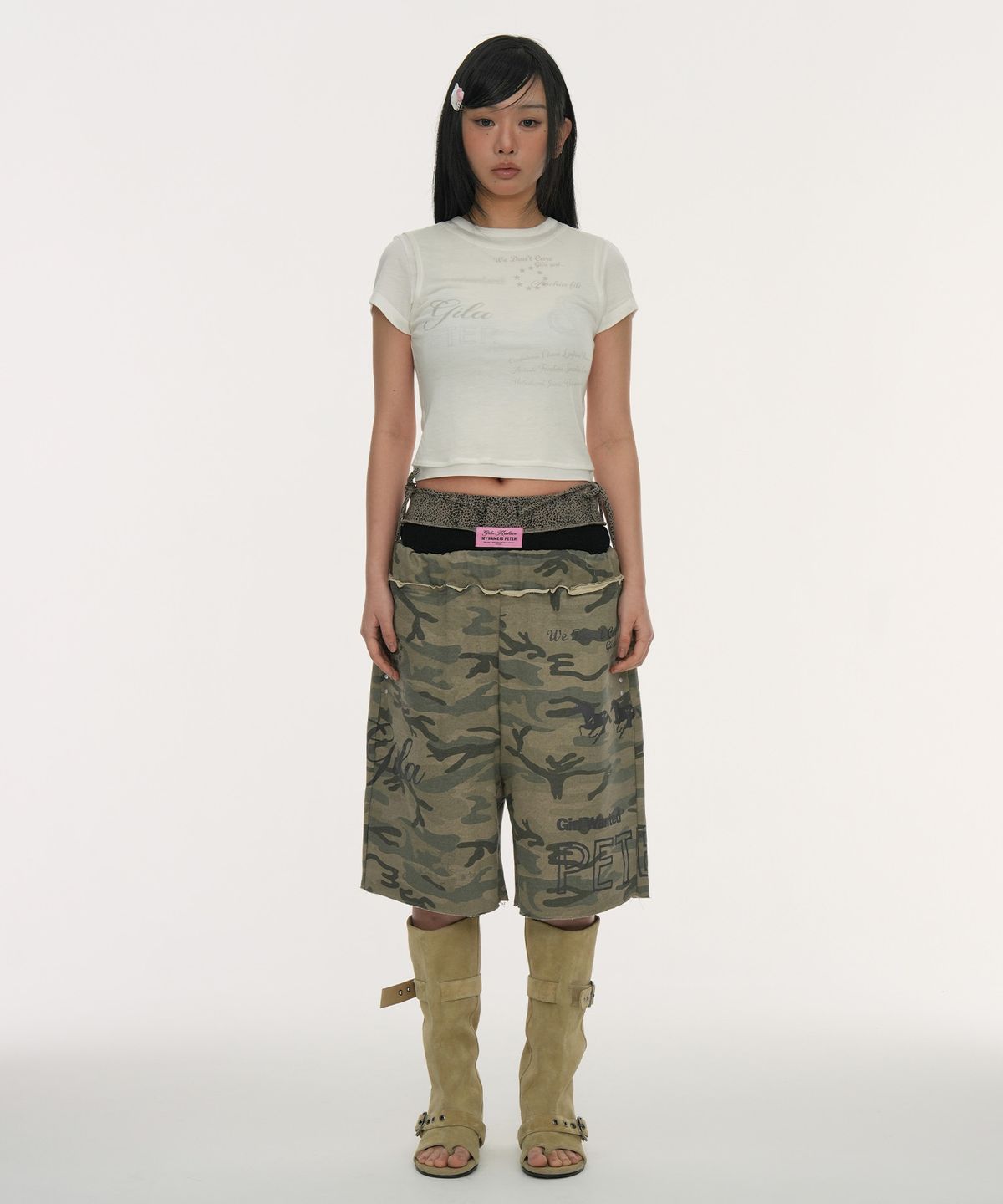 길라아카이브(GILAARCHIVE) LAYERED DOODLE SHEER CROP T-SHIRTS_IVORY