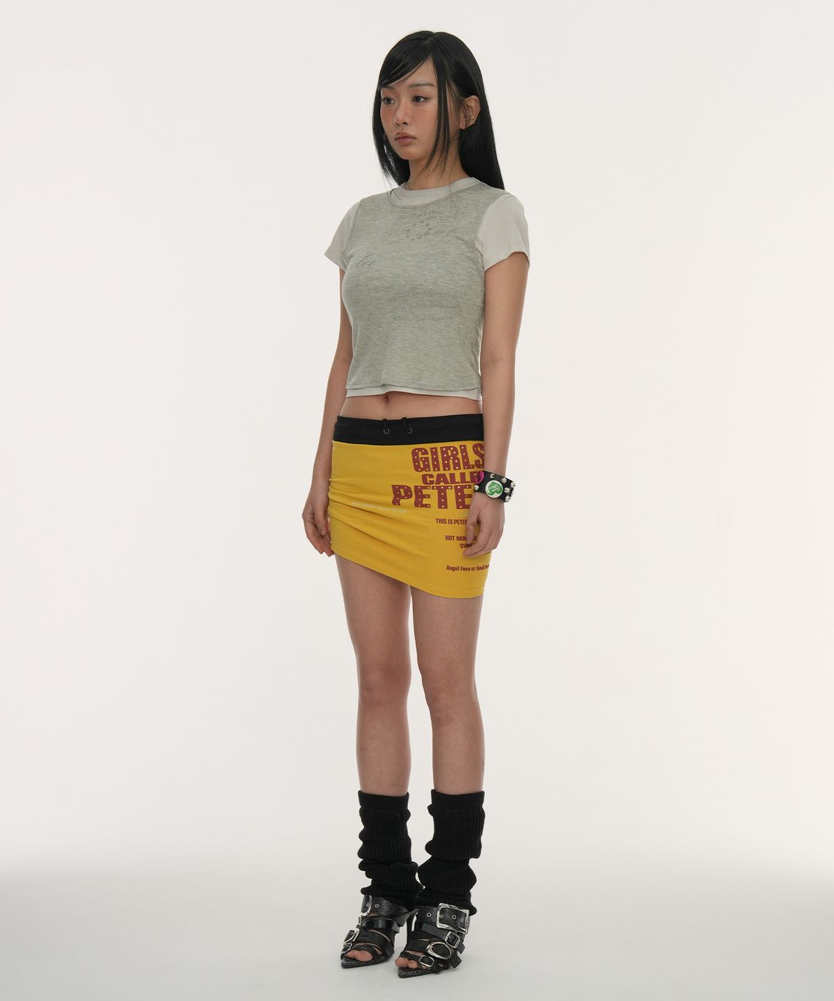 길라아카이브(GILAARCHIVE) LAYERED DOODLE SHEER CROP T-SHIRTS_GREY