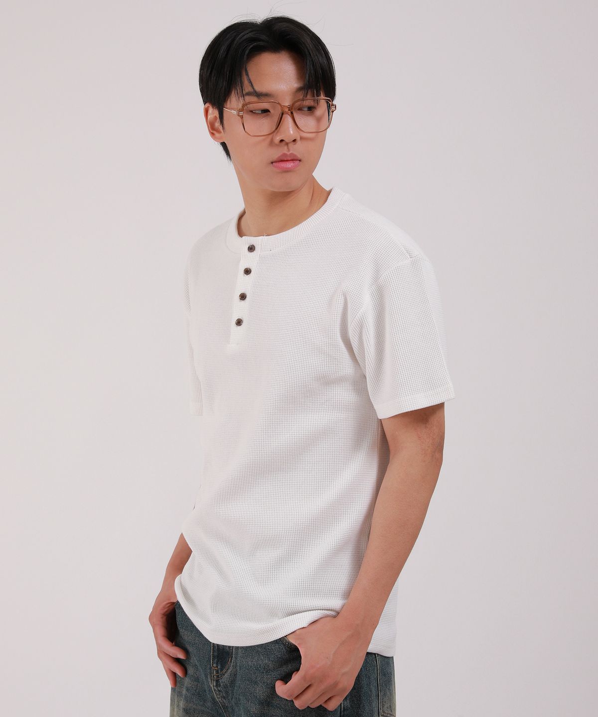 디벨로브(DEVELOVE) 베이직 헨리넥 와플 반팔 티셔츠_아이보리