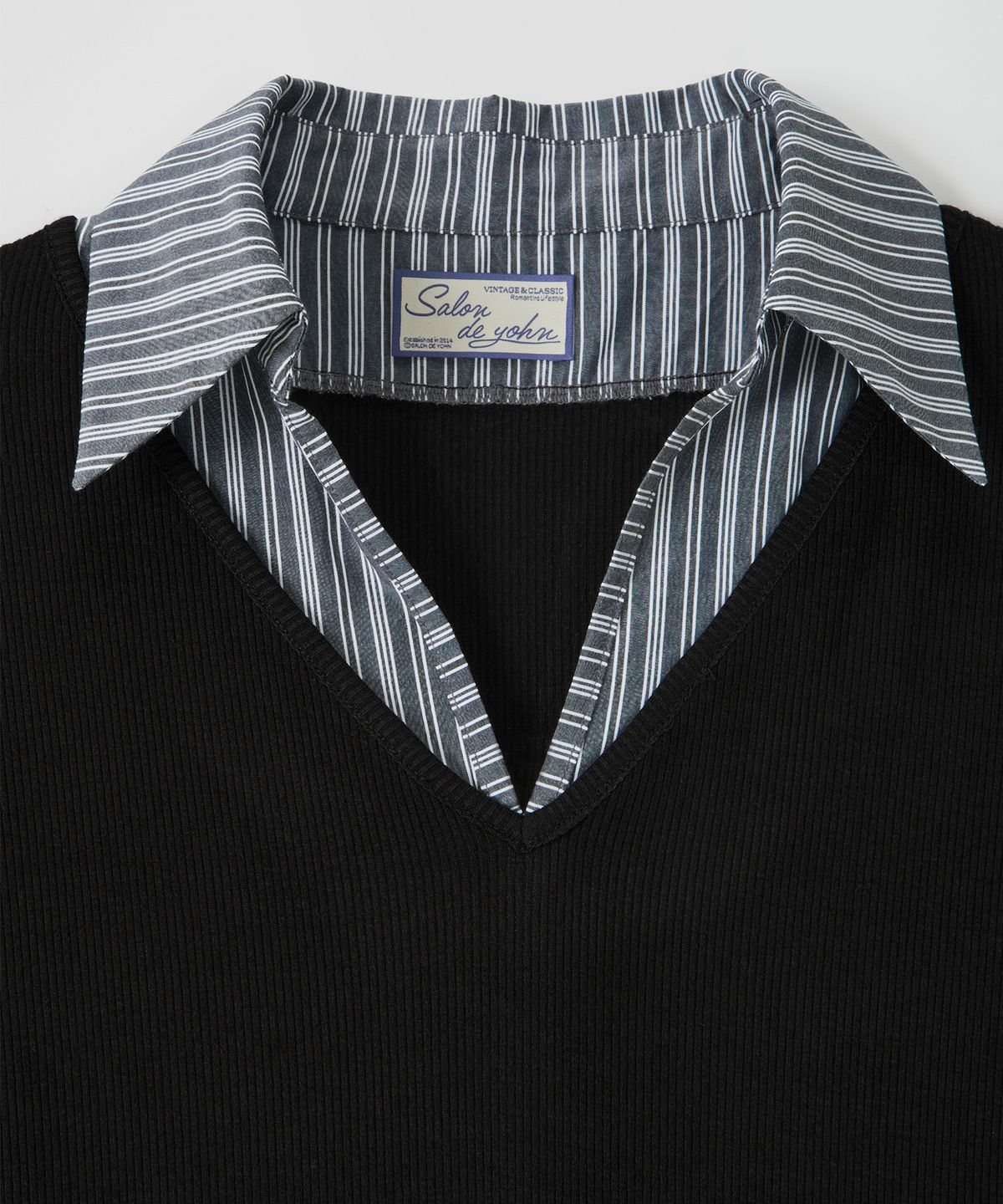 살롱 드 욘(SALON DE YOHN) Striped Shirt Detail Jersey Dress_ Black