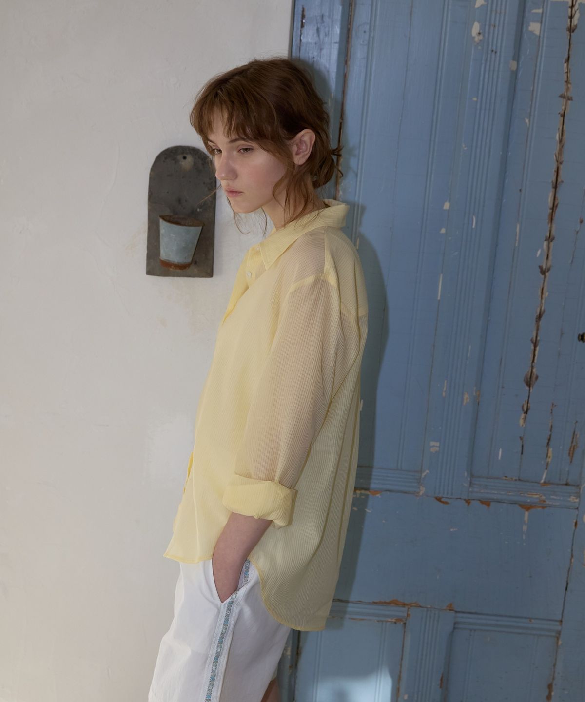 위오이(WIOE) Tencel Sheer Striped Shirt_Yellow