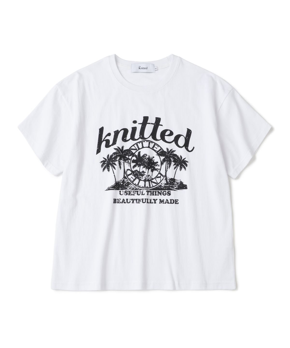 니티드(KNITTED) (UNISEX) 피그먼트 팜트리 그래픽 티셔츠 CROP WHITE