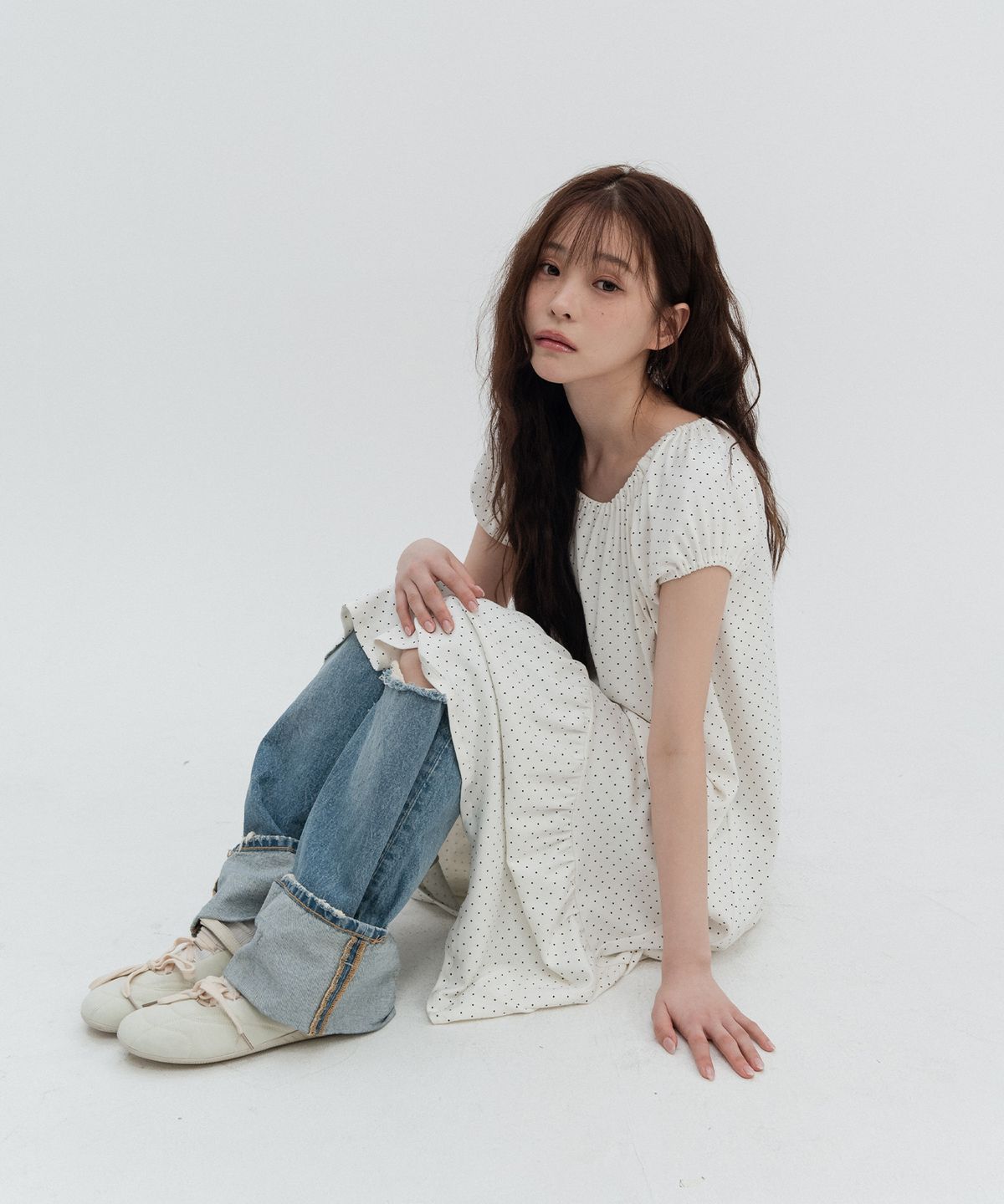 하이스쿨디스코(HIGH SCHOOL DISCO) 도트 포켓 롱원피스_화이트