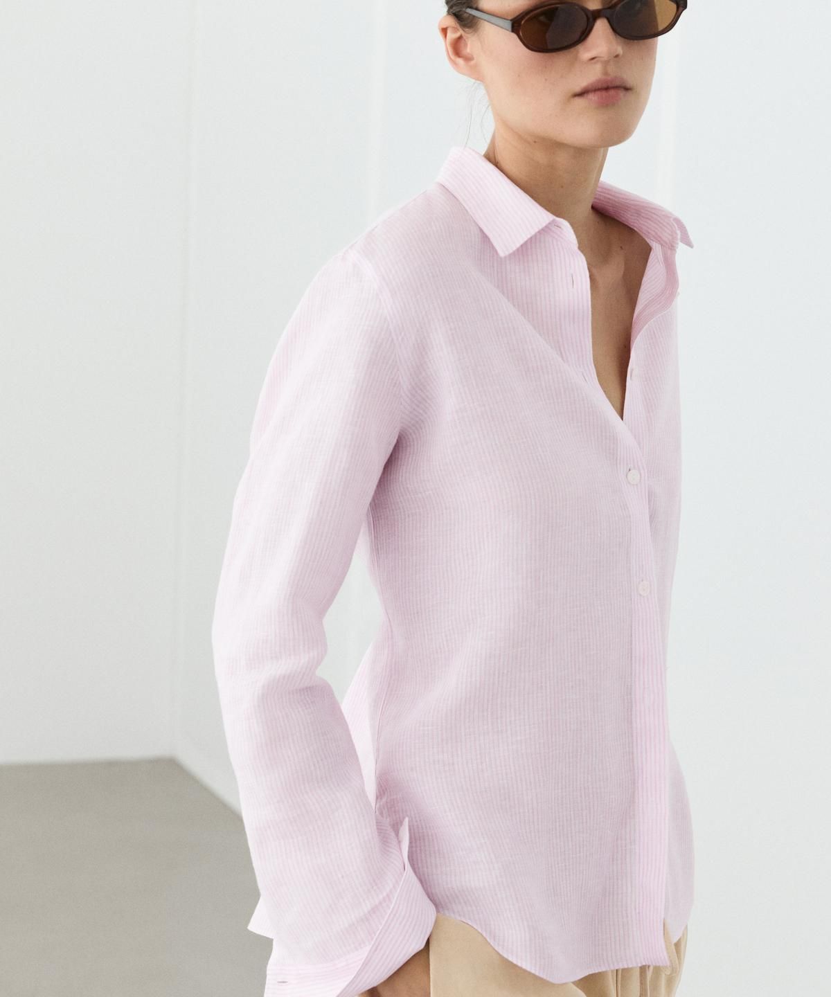 마시모두띠(MASSIMO DUTTI) 100% 린넨 스트라이프 디테일 셔츠