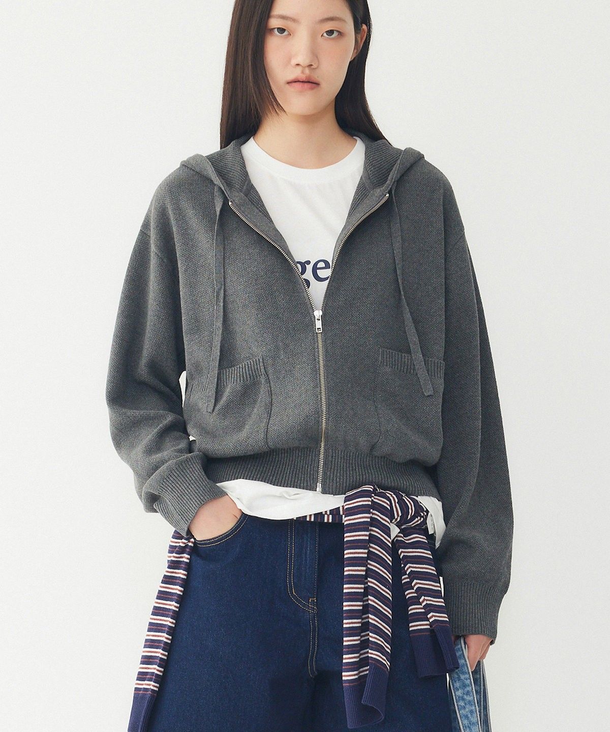 스튜디오 톰보이(STUDIO TOMBOY) 포켓 포인트 후드 집업 가디건_멜란지 다크그레이 9176351972