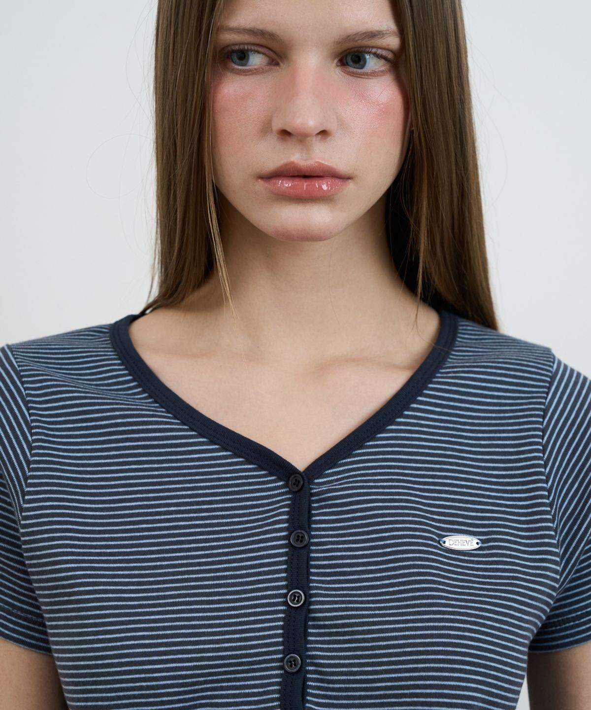드헤베(DEHEVE) Stripe Henley Neck T-shirt [Navy]