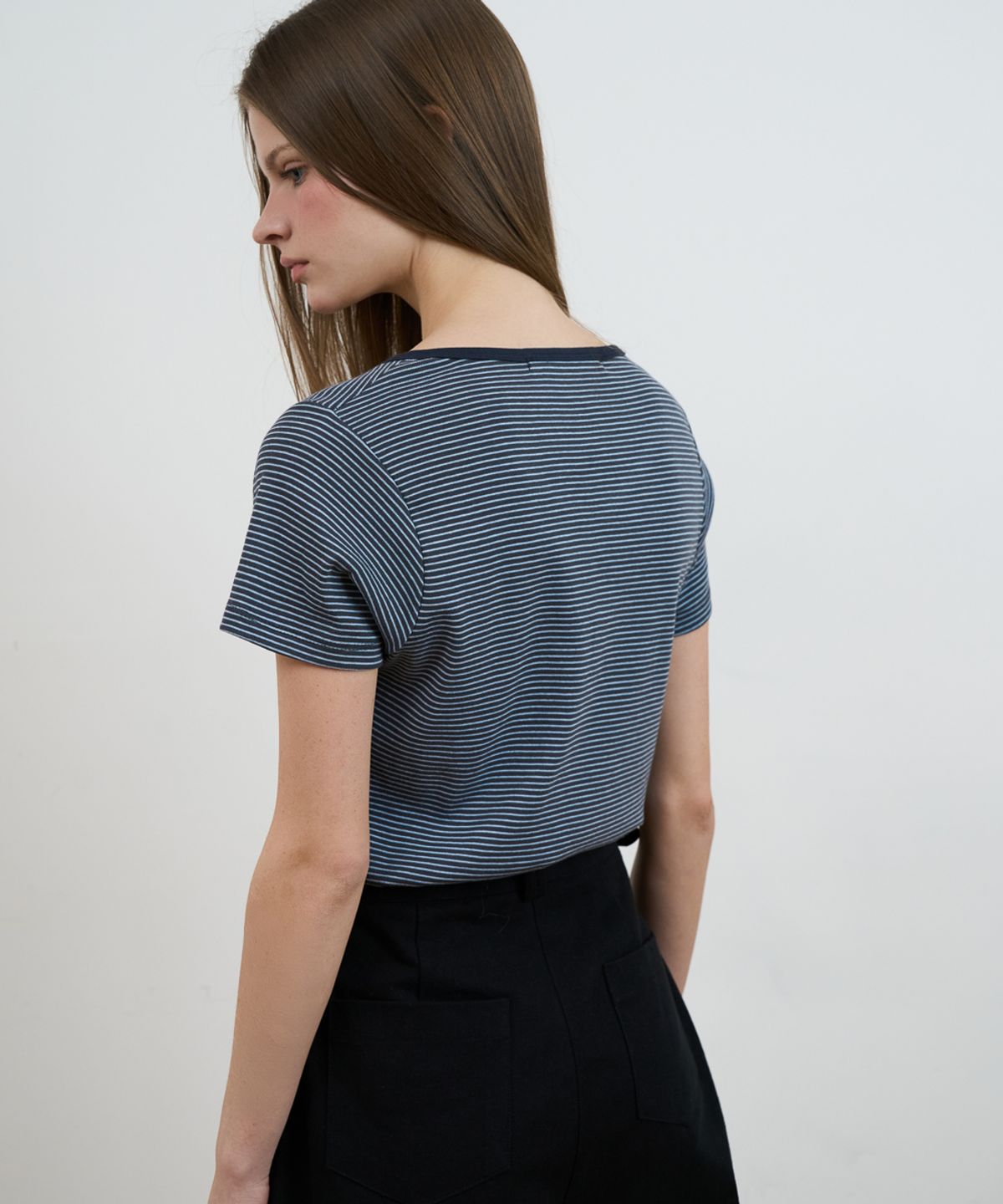 드헤베(DEHEVE) Stripe Henley Neck T-shirt [Navy]