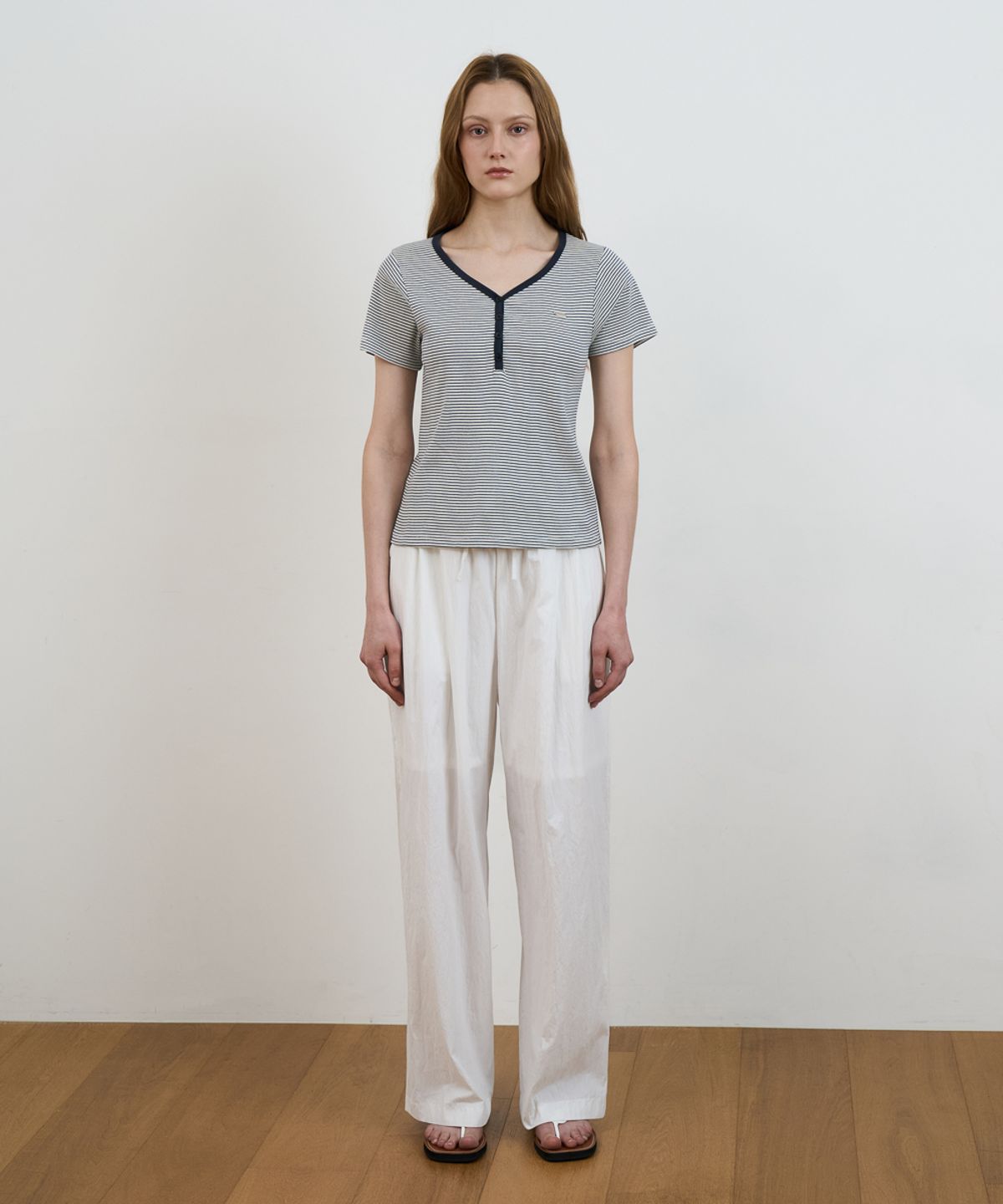 드헤베(DEHEVE) Stripe Henley Neck T-shirt [Ivory]