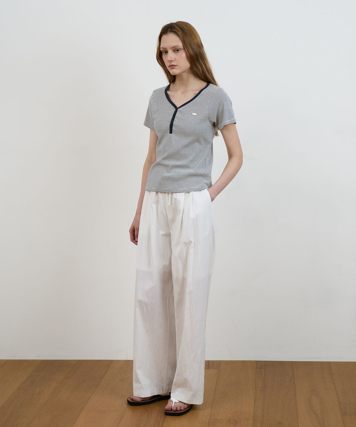 드헤베(DEHEVE) Stripe Henley Neck T-shirt [Ivory]