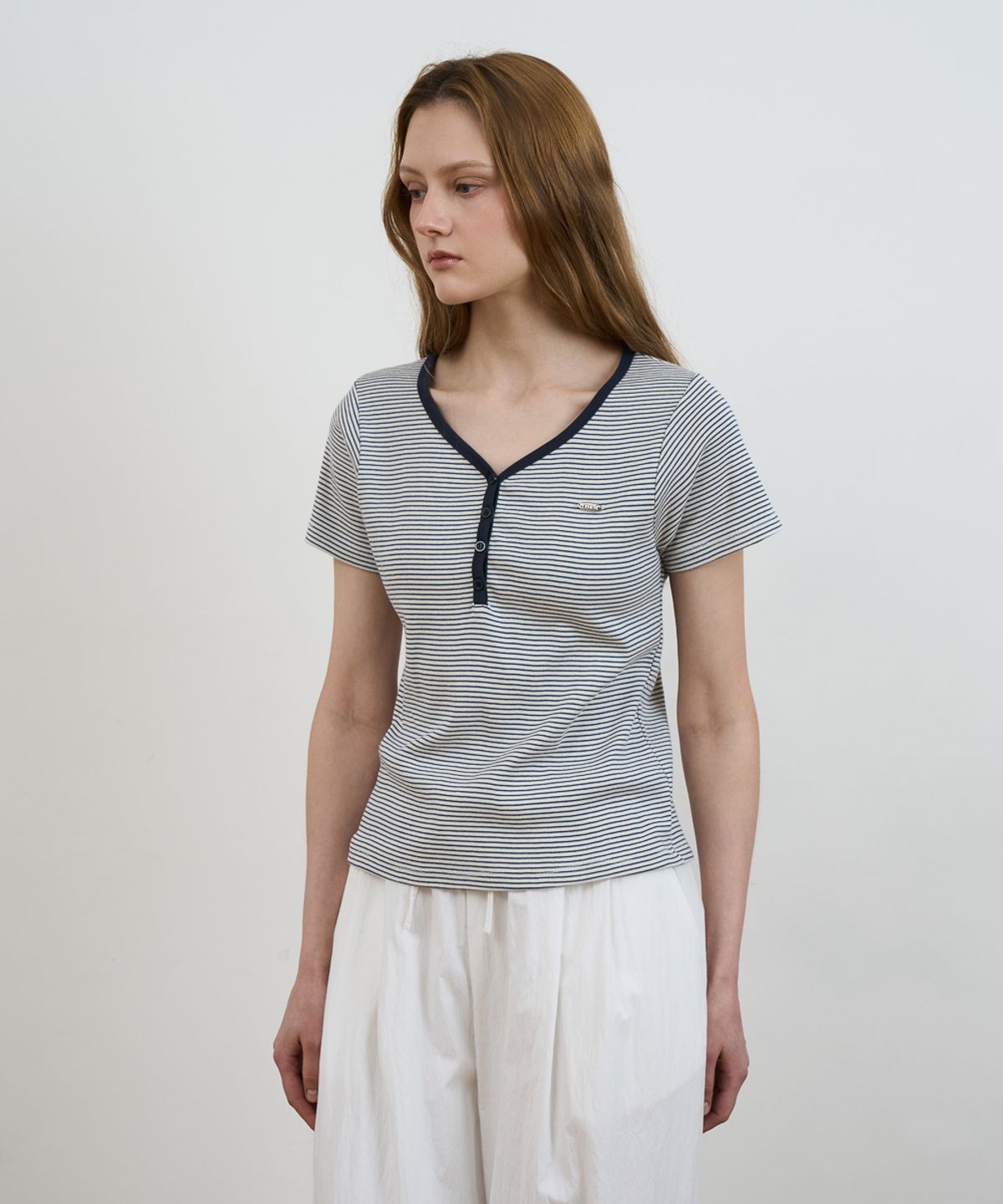 드헤베(DEHEVE) Stripe Henley Neck T-shirt [Ivory]