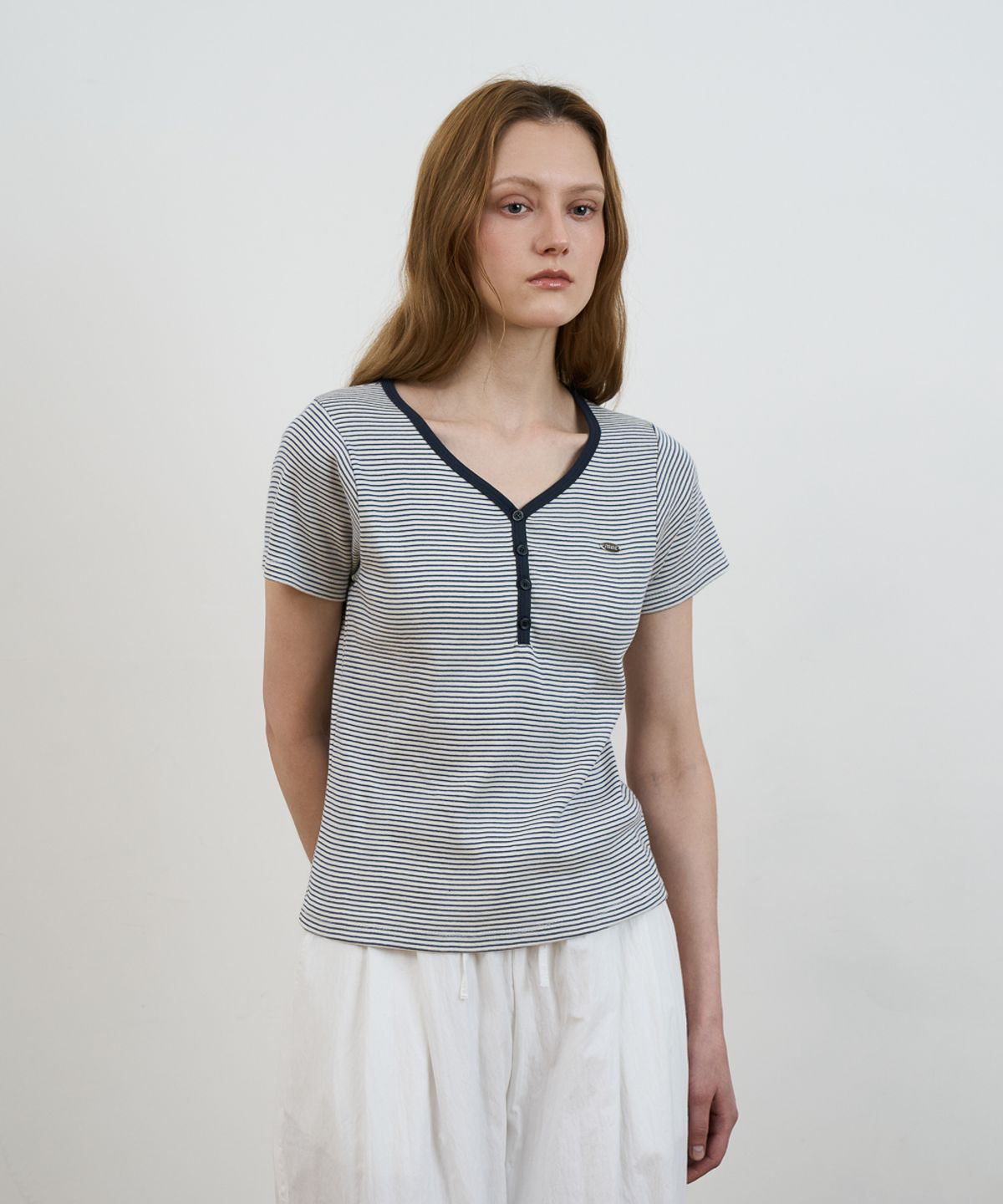 드헤베(DEHEVE) Stripe Henley Neck T-shirt [Ivory]