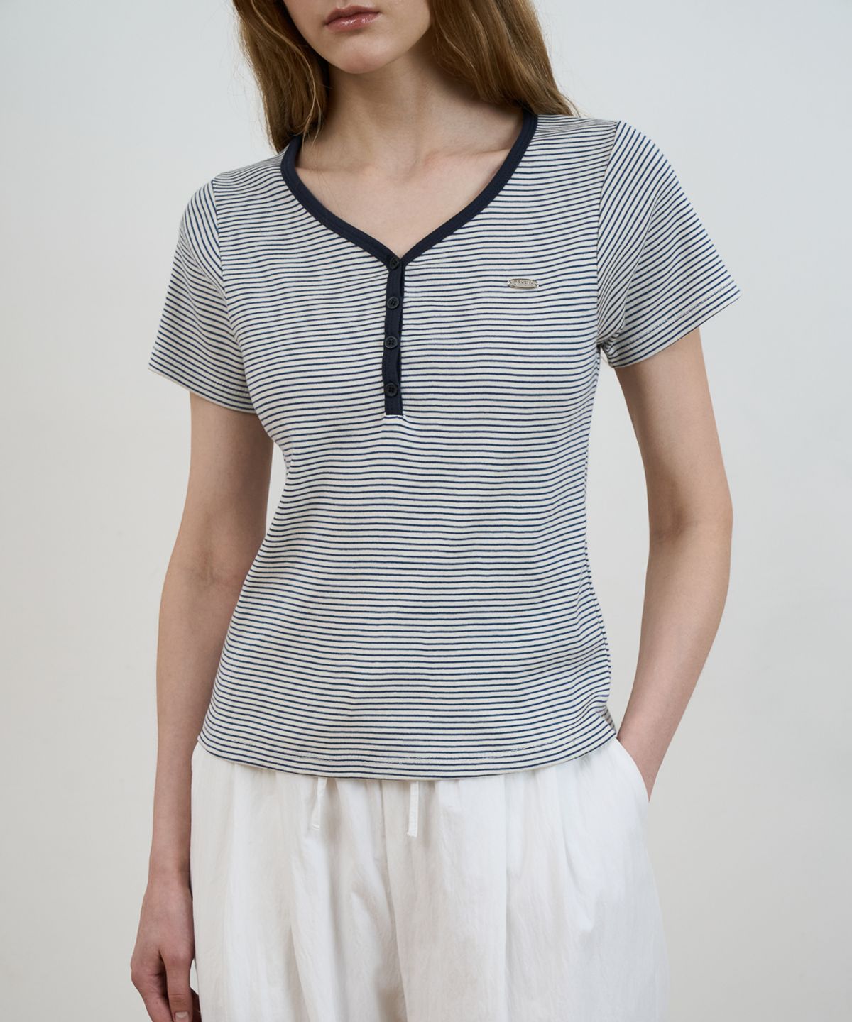 드헤베(DEHEVE) Stripe Henley Neck T-shirt [Ivory]