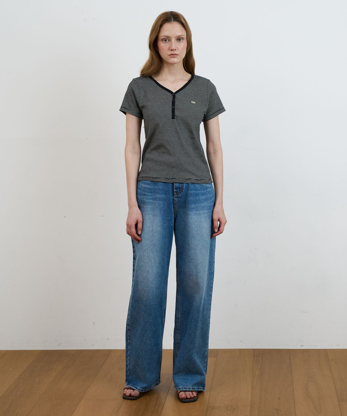 드헤베(DEHEVE) Stripe Henley Neck T-shirt [Black]