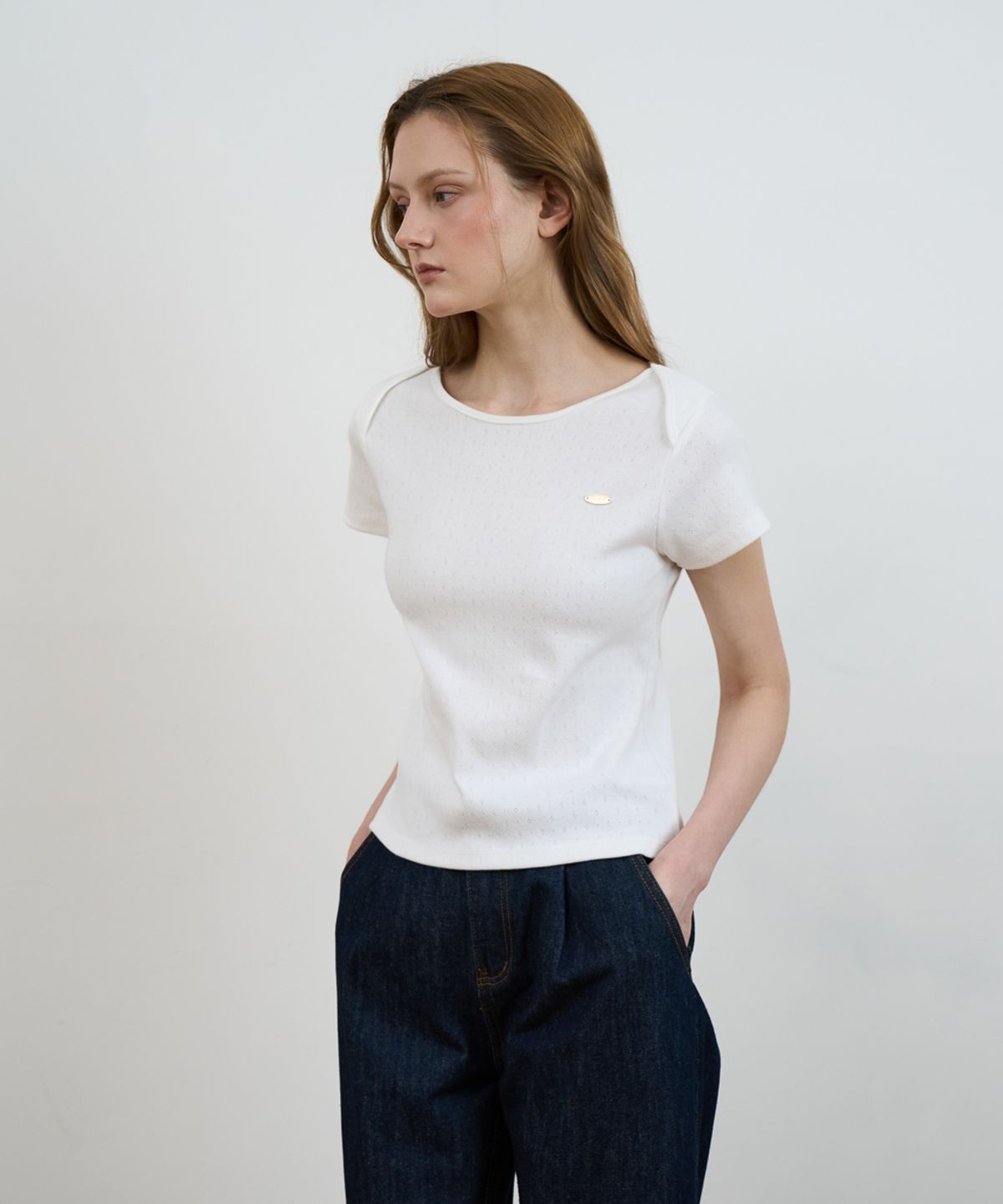 드헤베(DEHEVE) Punching Boat Neck T-shirt [Ivory]