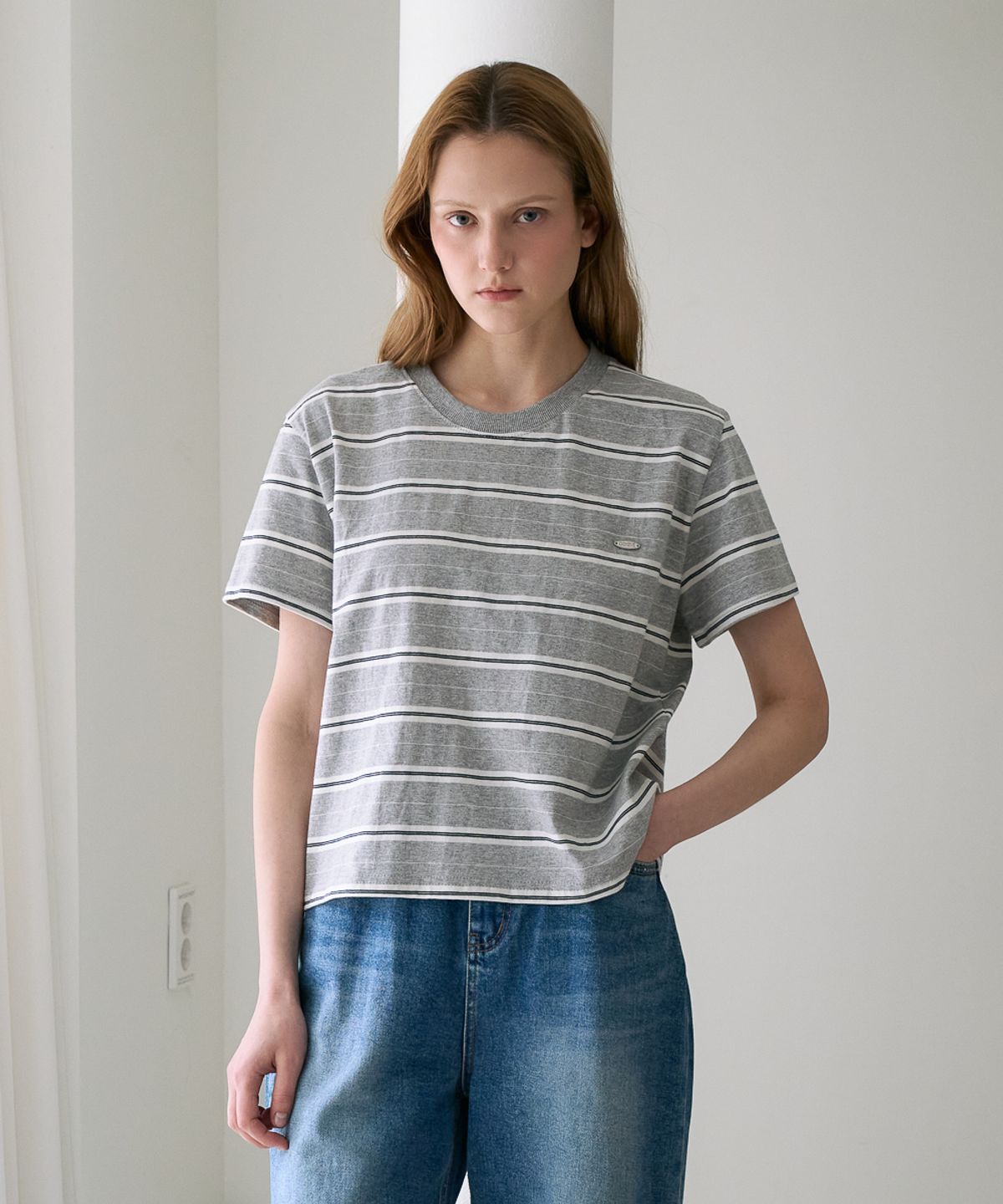 드헤베(DEHEVE) Minimal Logo Stripe T-shirt [Gray]