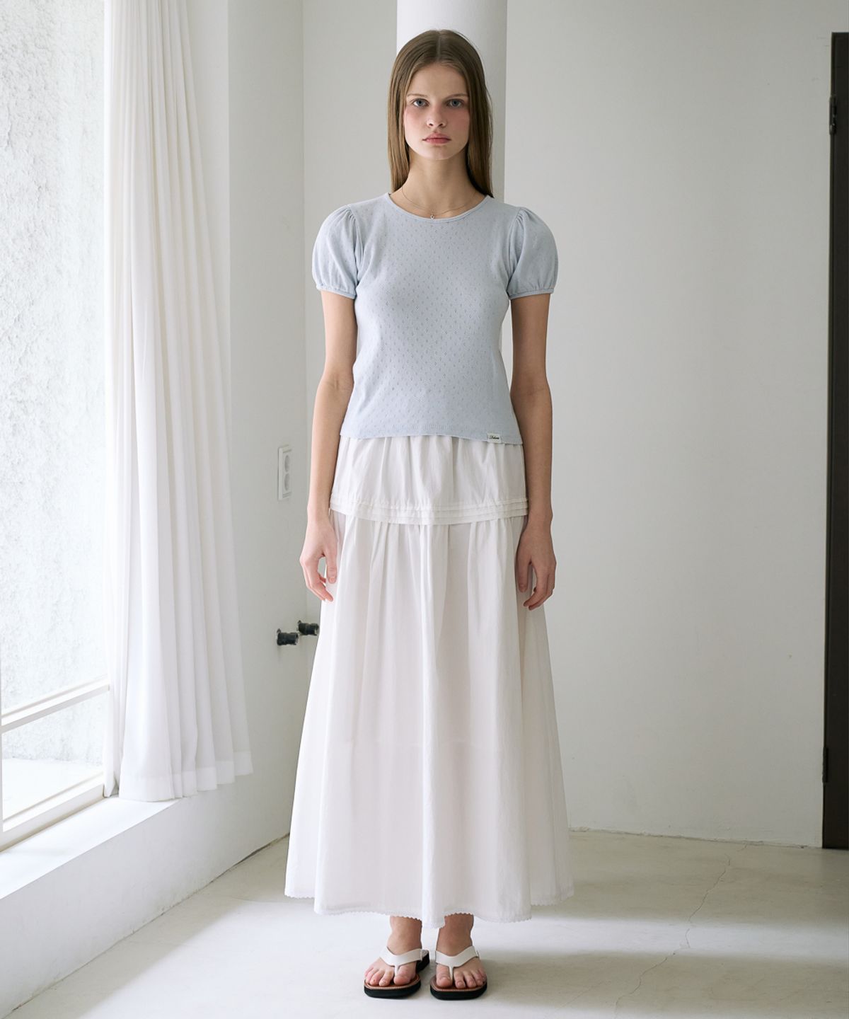 드헤베(DEHEVE) Label Point Puff T-shirt [Sky Blue]